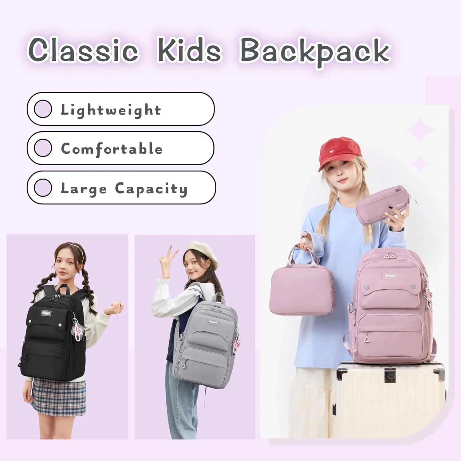 3Pcs Girls Backpack and Lunchbox Set for School Kids, Solid Color School Bag Backpack for Girls with Lunch Bag, Purple
