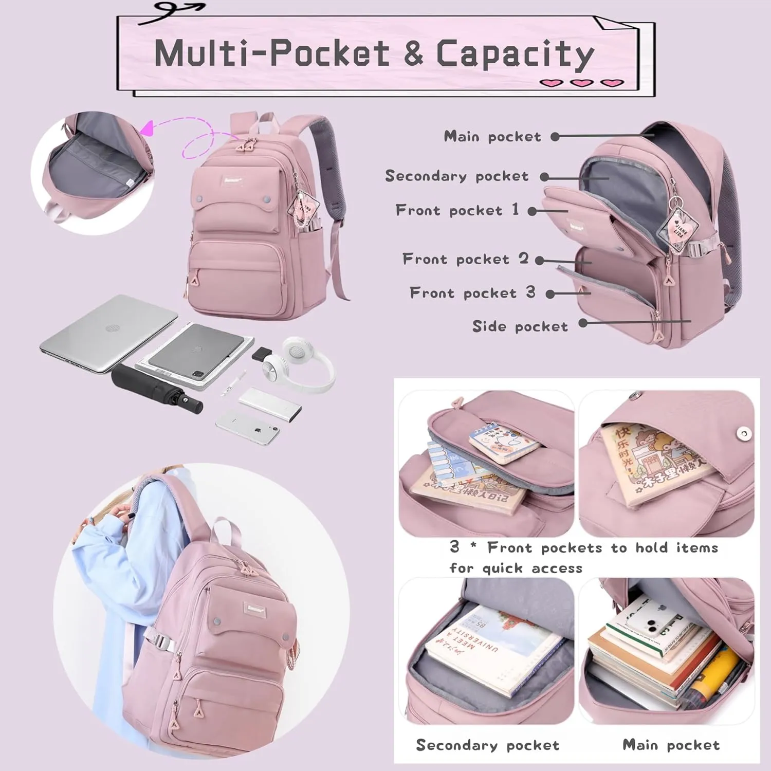 3Pcs Girls Backpack and Lunchbox Set for School Kids, Solid Color School Bag Backpack for Girls with Lunch Bag, Purple