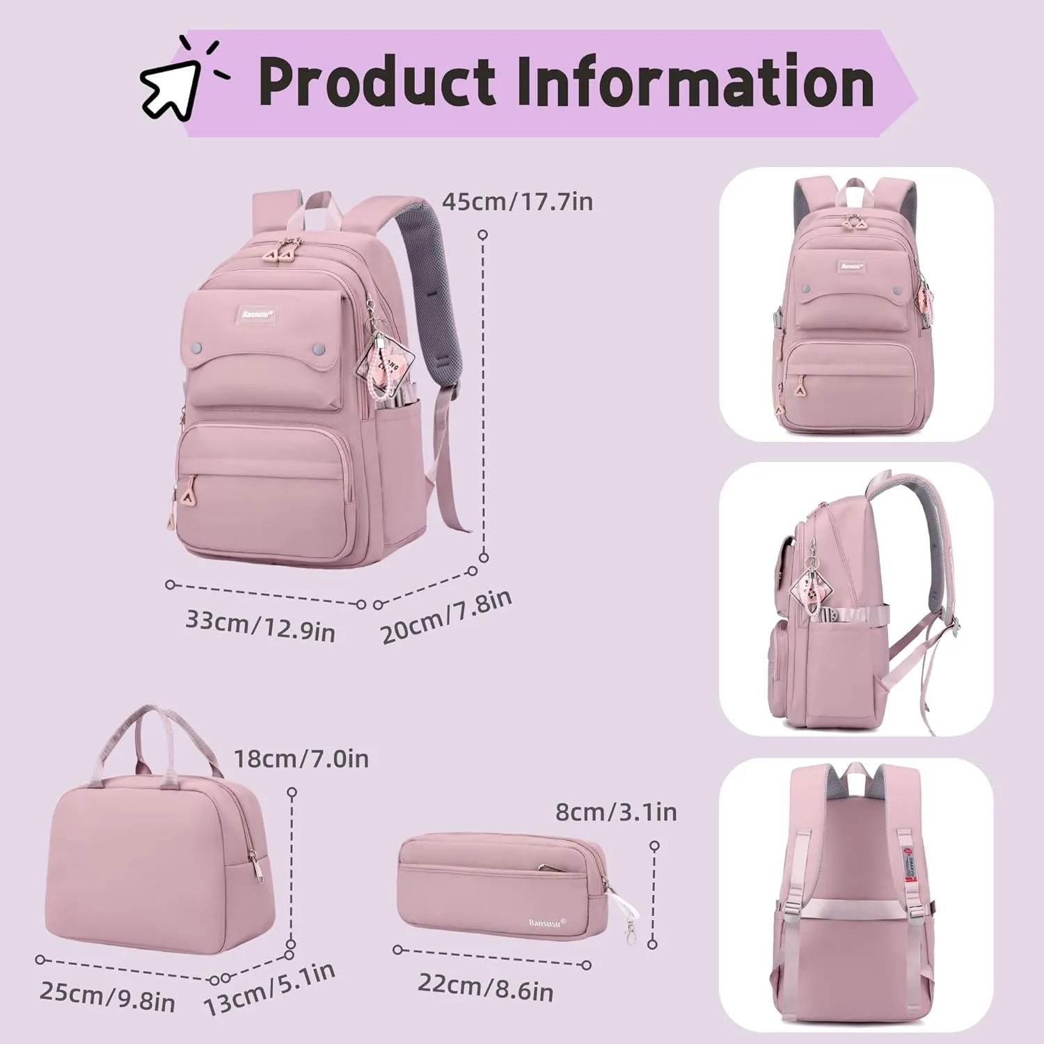 3Pcs Girls Backpack and Lunchbox Set for School Kids, Solid Color School Bag Backpack for Girls with Lunch Bag, Purple