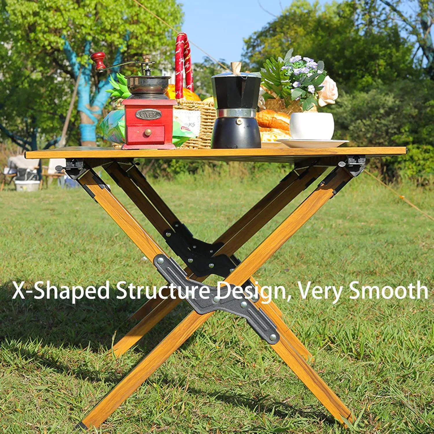 4-6 People Camping Table, Roll-Up Lightweight Picnic Table with Large Aluminum Tabletop & Carrying Bag, Portable Outdoor Folding Table for Hiking, Backpacking & Fishing(Carbon Steel Wood Gra