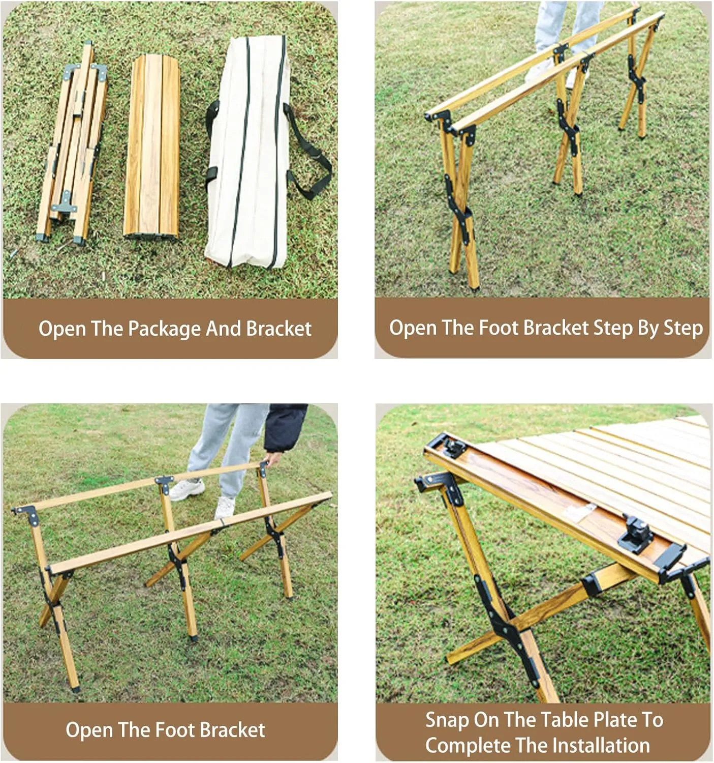 4-6 People Camping Table, Roll-Up Lightweight Picnic Table with Large Aluminum Tabletop & Carrying Bag, Portable Outdoor Folding Table for Hiking, Backpacking & Fishing(Carbon Steel Wood Gra