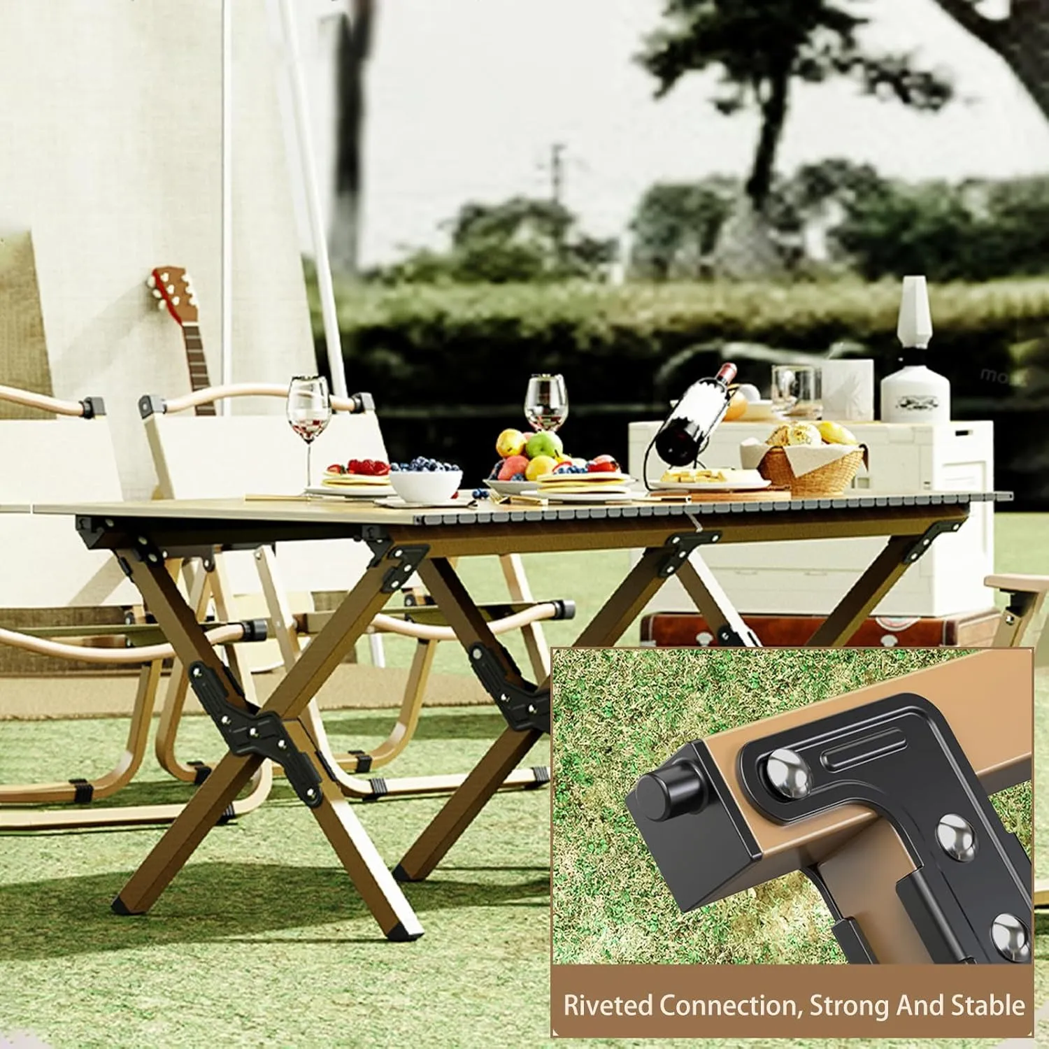 4-6 People Camping Table, Roll-Up Lightweight Picnic Table with Large Aluminum Tabletop & Carrying Bag, Portable Outdoor Folding Table for Hiking, Backpacking & Fishing(Carbon Steel Wood Gra