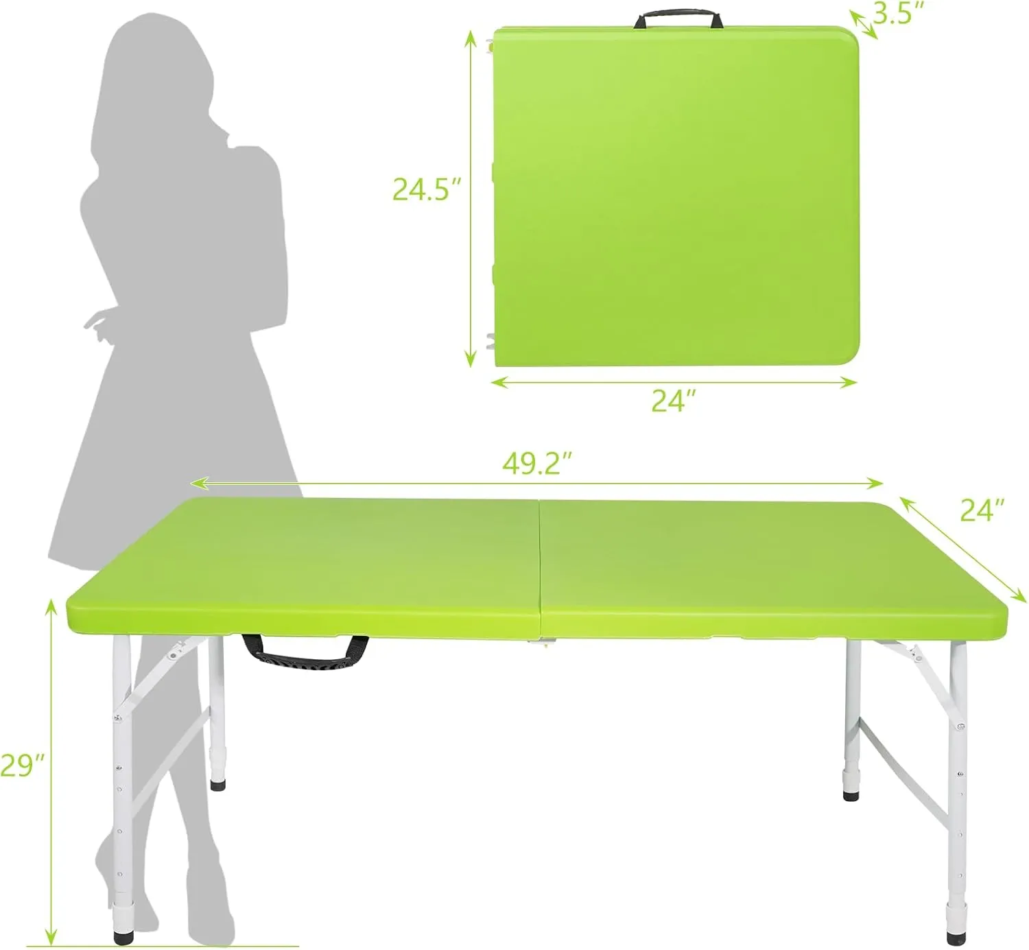 4 Foot Portable Folding Table Adjustable Height Lightweight Indoor Outdoor Picnic Beach Camping Dining Fold Out Table, Iron Utility Table Folding Desk with Carry Handle (Green, 4ft)