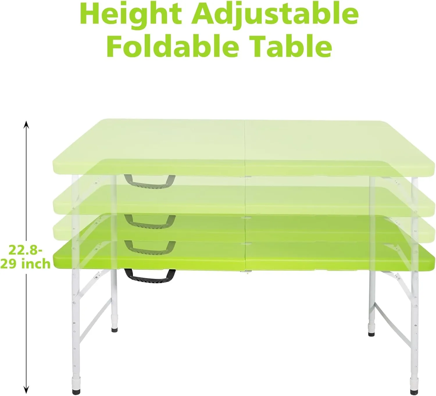 4 Foot Portable Folding Table Adjustable Height Lightweight Indoor Outdoor Picnic Beach Camping Dining Fold Out Table, Iron Utility Table Folding Desk with Carry Handle (Green, 4ft)