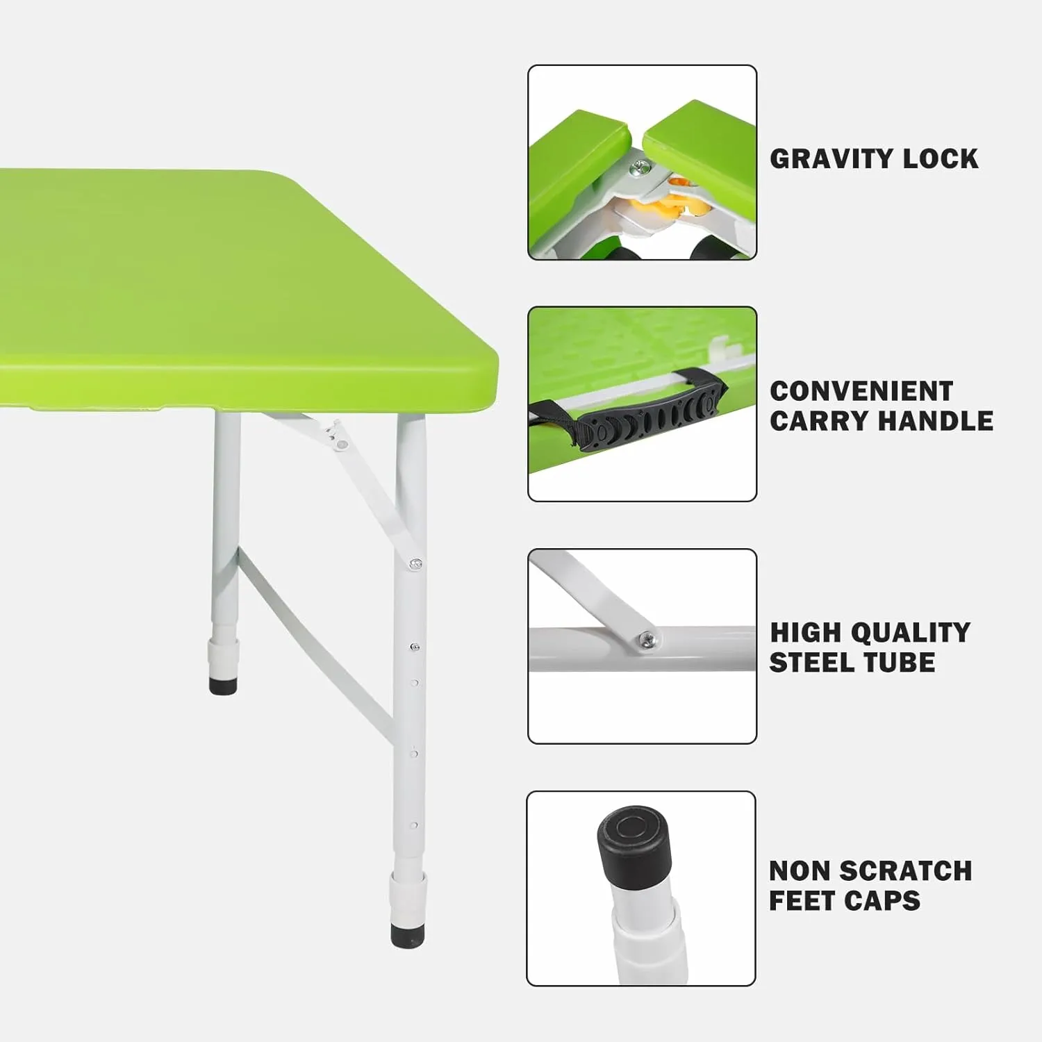 4 Foot Portable Folding Table Adjustable Height Lightweight Indoor Outdoor Picnic Beach Camping Dining Fold Out Table, Iron Utility Table Folding Desk with Carry Handle (Green, 4ft)