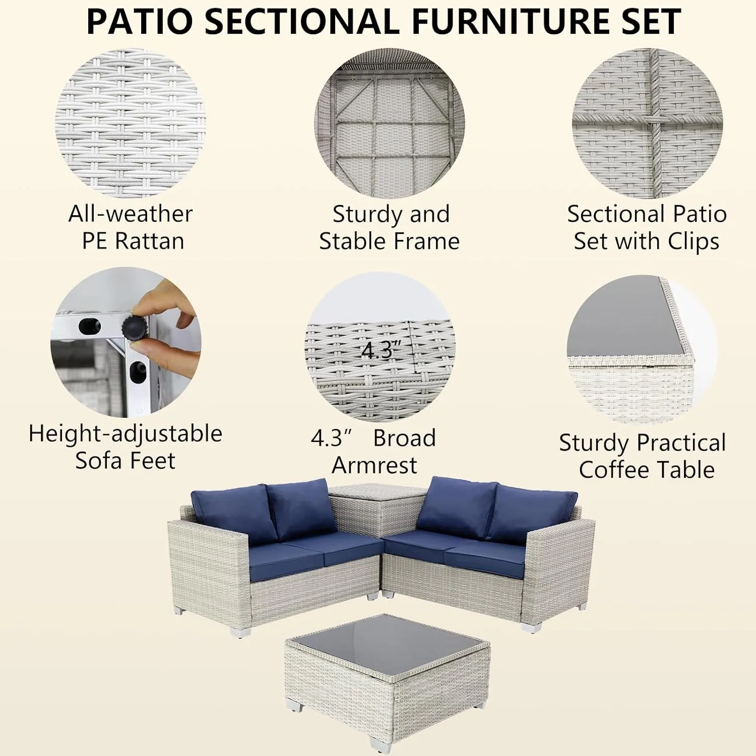4-Piece Patio Furniture Set - Outdoor Sectional Set with Large Storage Box and Glass Table, Wicker Furniture for Garden, Backyard, Porch or Poolside