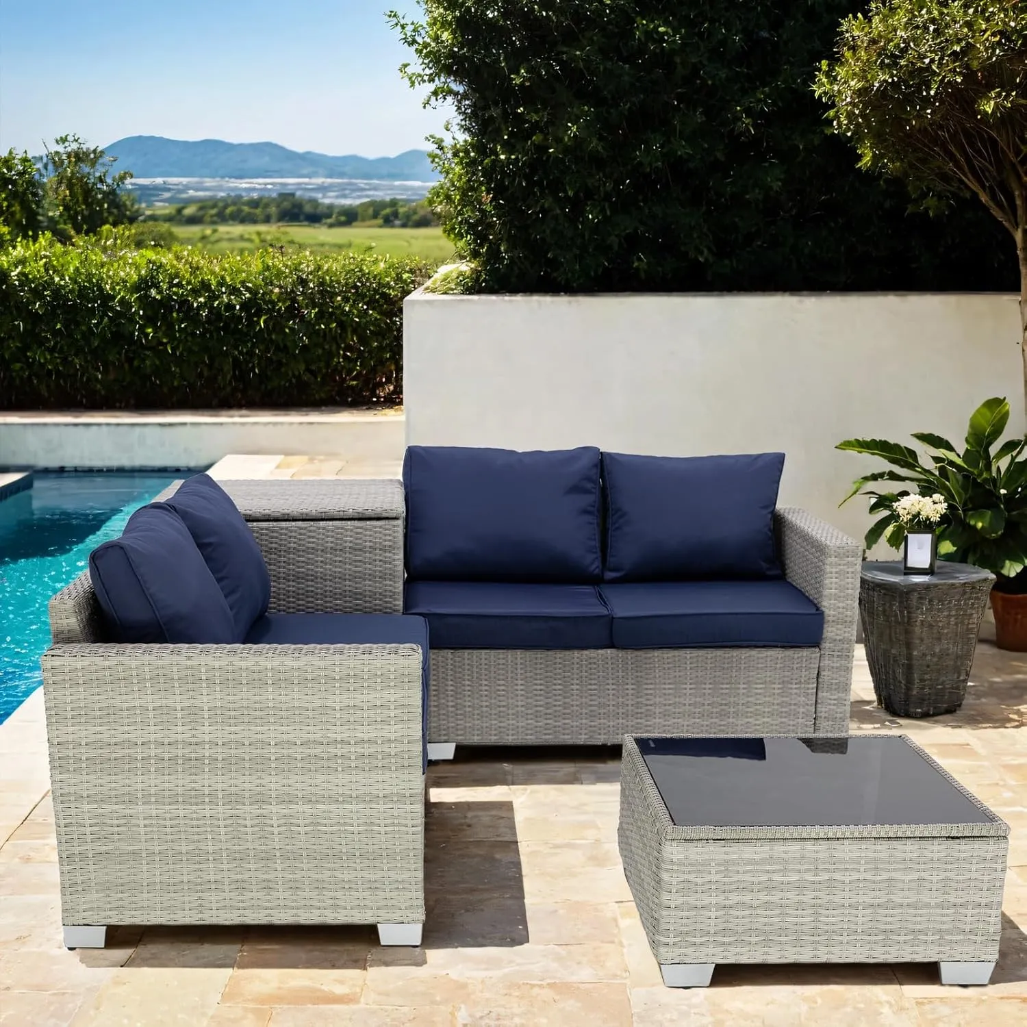 4-Piece Patio Furniture Set - Outdoor Sectional Set with Large Storage Box and Glass Table, Wicker Furniture for Garden, Backyard, Porch or Poolside