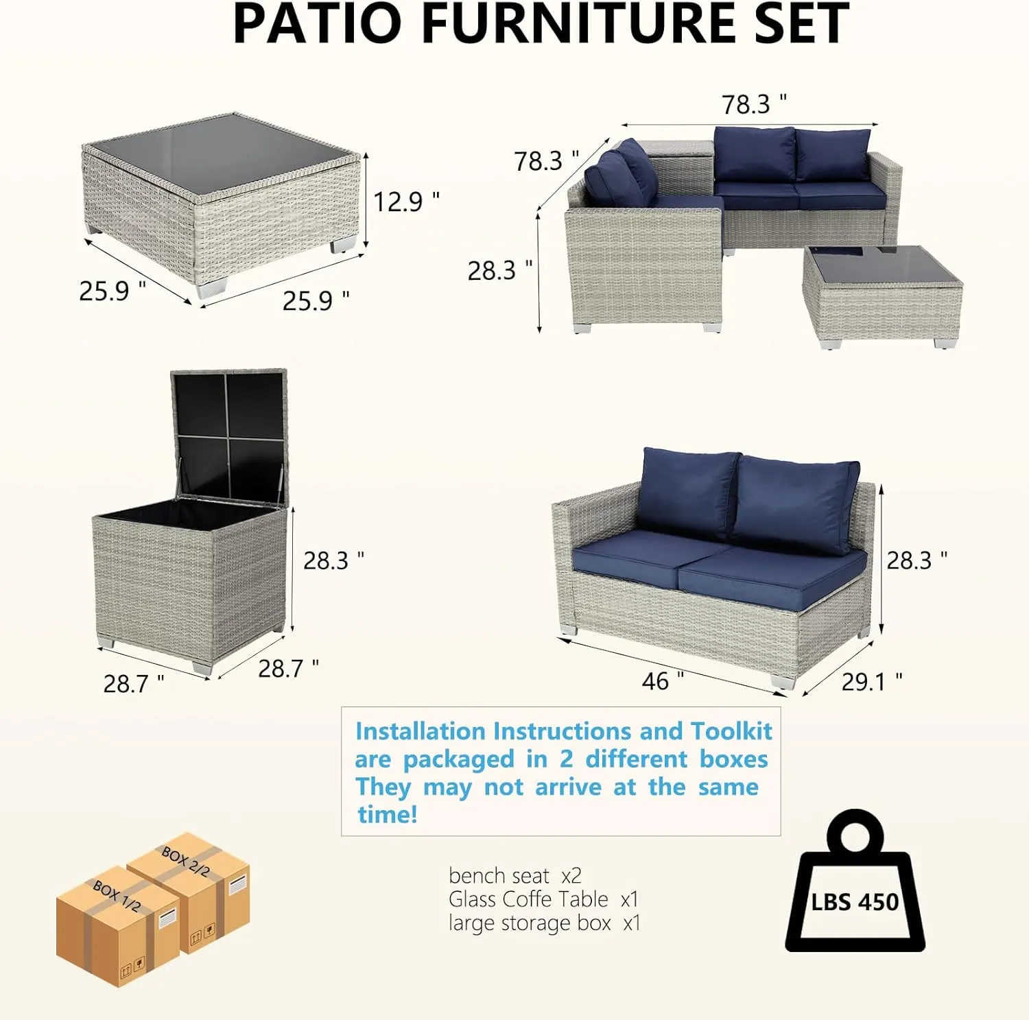 4-Piece Patio Furniture Set - Outdoor Sectional Set with Large Storage Box and Glass Table, Wicker Furniture for Garden, Backyard, Porch or Poolside