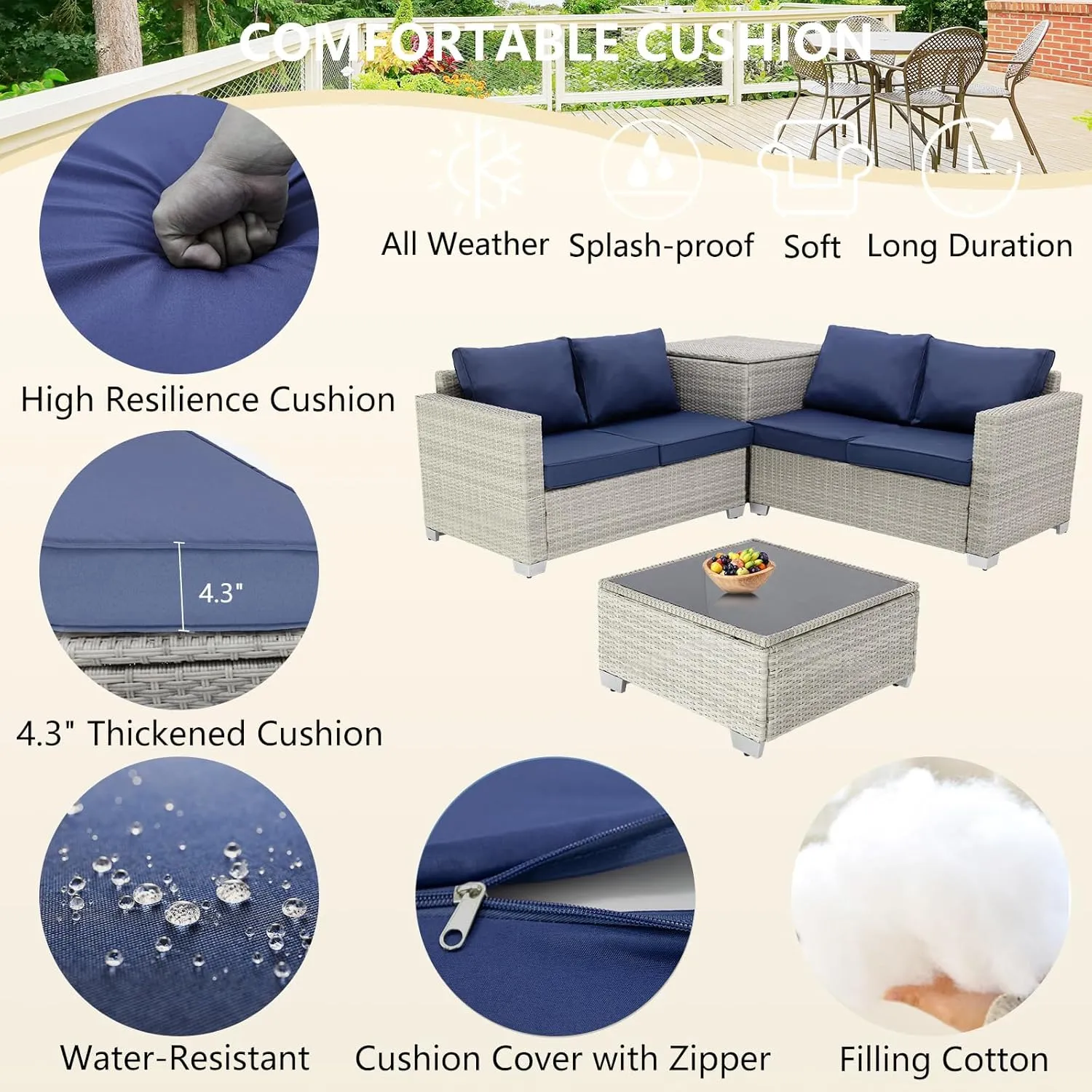 4-Piece Patio Furniture Set - Outdoor Sectional Set with Large Storage Box and Glass Table, Wicker Furniture for Garden, Backyard, Porch or Poolside