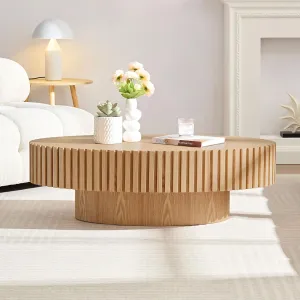 43.7" Modern Drum Coffee Table, Gear Design Oval Coffee Table, Olive Shaped Living Room Table with Sturdy Pedestal Base