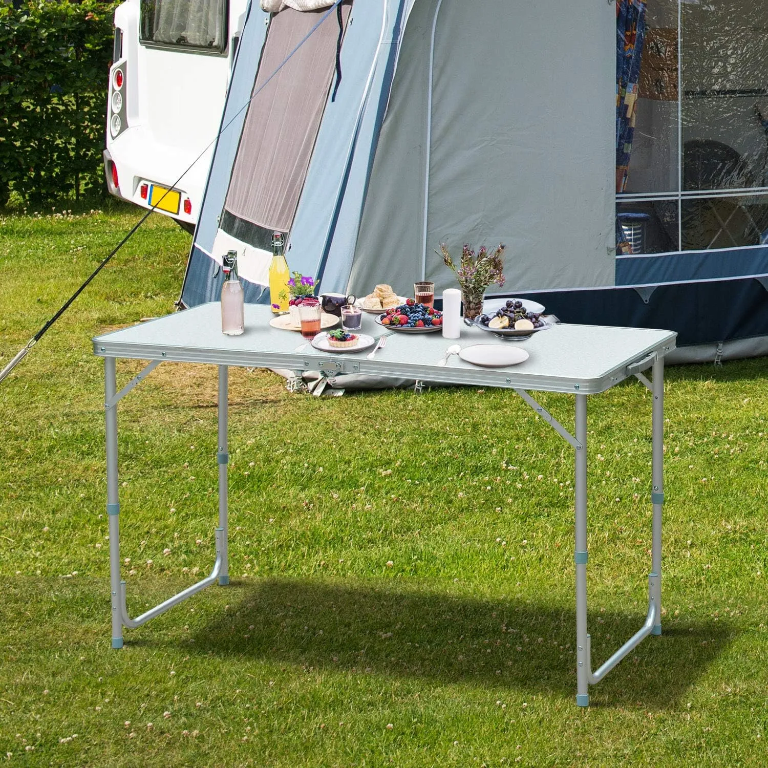 47" Lightweight Folding Camping Table ， Adjustable Height, Portable Design with Carry Handle ，Perfect for Outdoor, Picnic, Party, Wedding, Dining & Indoor/Outdoor Events (Silver)
