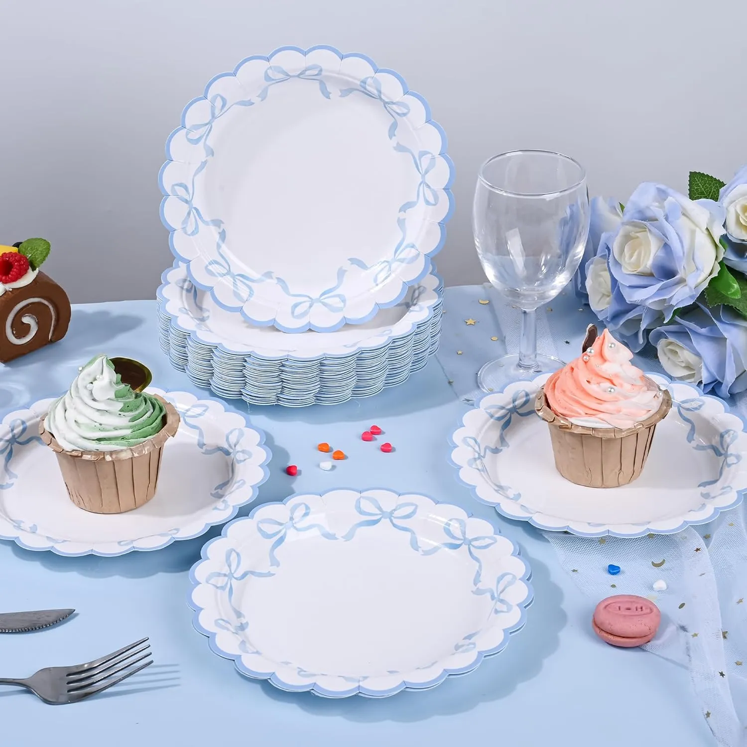 48Pcs Blue Bow Paper Plates Coquette Disposable Party Plates Scalloped Bowknot 7" Dessert Plate for Birthday Bridal Baby Shower Tableware Supply Table Decor