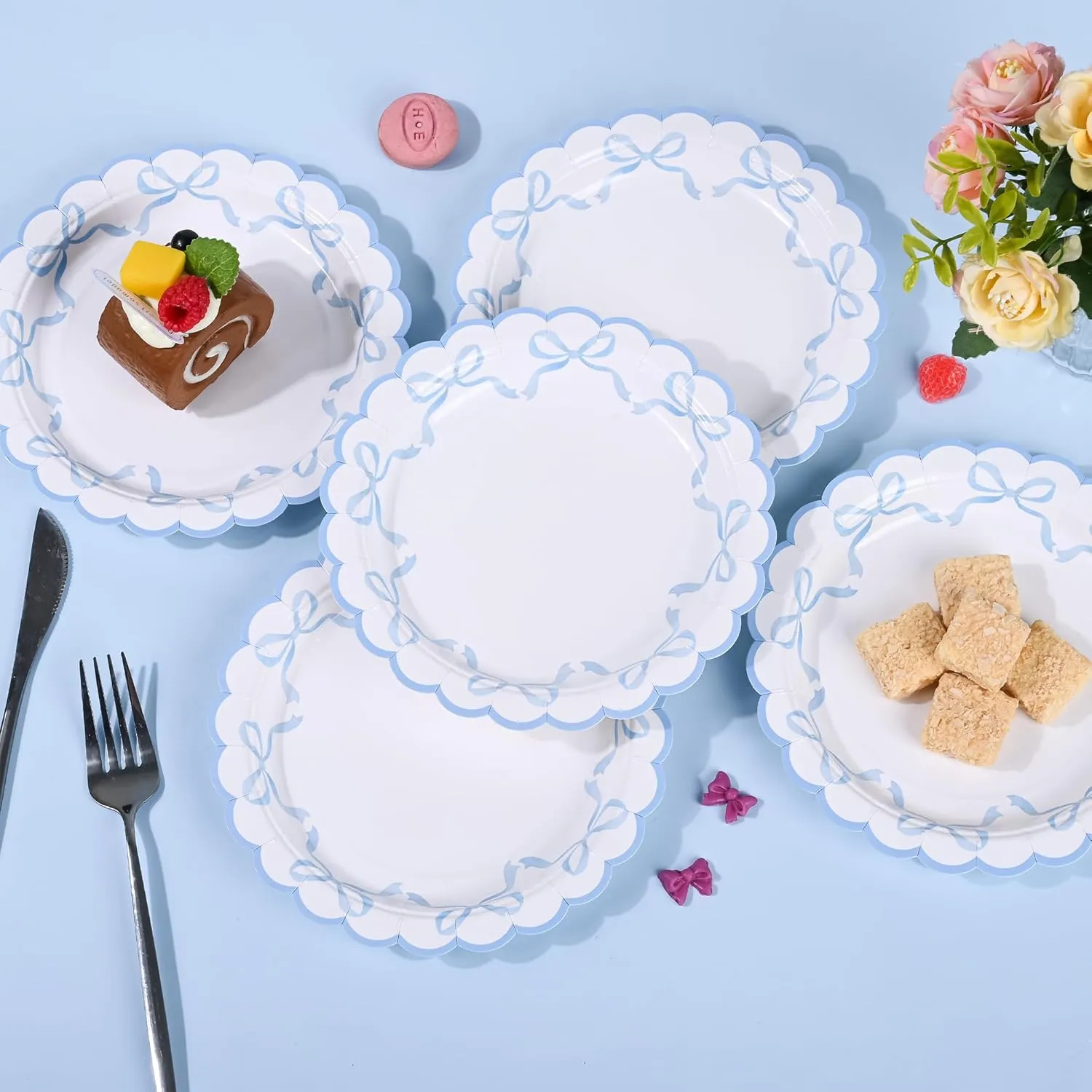 48Pcs Blue Bow Paper Plates Coquette Disposable Party Plates Scalloped Bowknot 7" Dessert Plate for Birthday Bridal Baby Shower Tableware Supply Table Decor