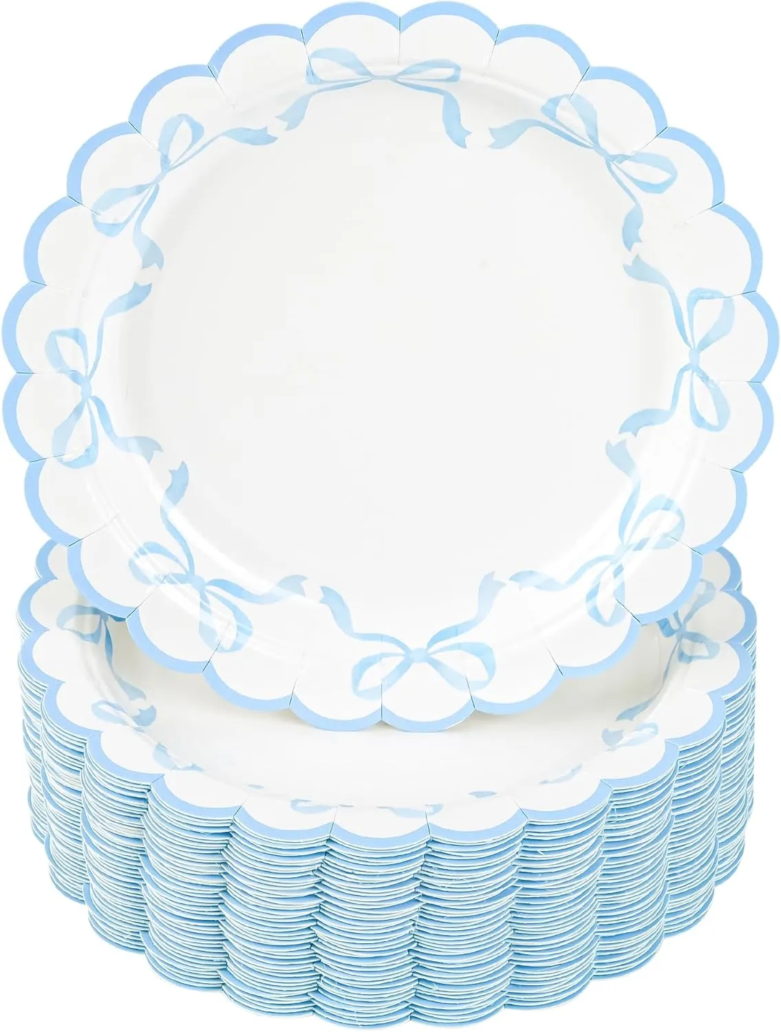 48Pcs Blue Bow Paper Plates Coquette Disposable Party Plates Scalloped Bowknot 7" Dessert Plate for Birthday Bridal Baby Shower Tableware Supply Table Decor