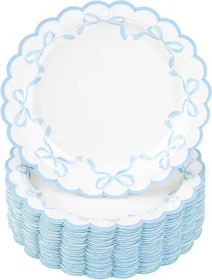 48Pcs Blue Bow Paper Plates Coquette Disposable Party Plates Scalloped Bowknot 7" Dessert Plate for Birthday Bridal Baby Shower Tableware Supply Table Decor