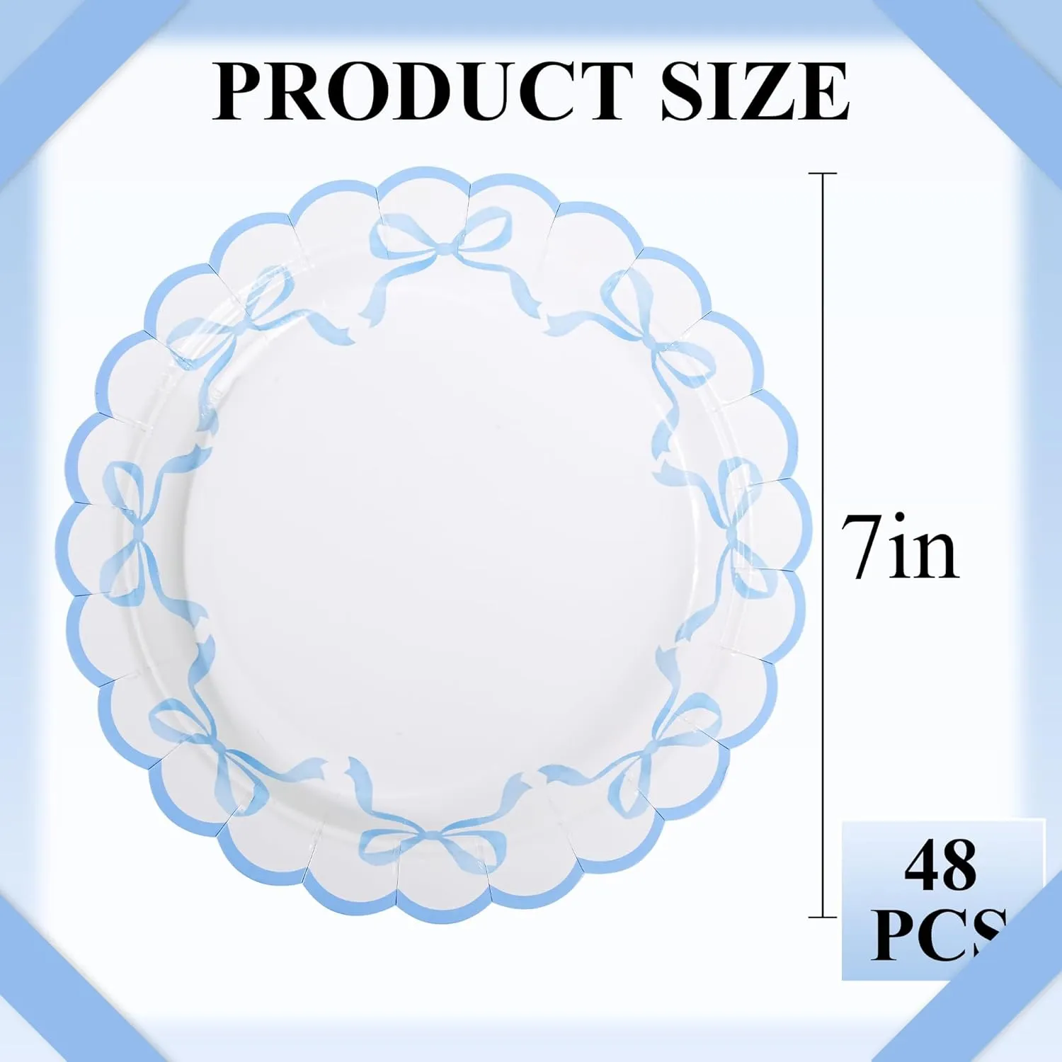 48Pcs Blue Bow Paper Plates Coquette Disposable Party Plates Scalloped Bowknot 7" Dessert Plate for Birthday Bridal Baby Shower Tableware Supply Table Decor