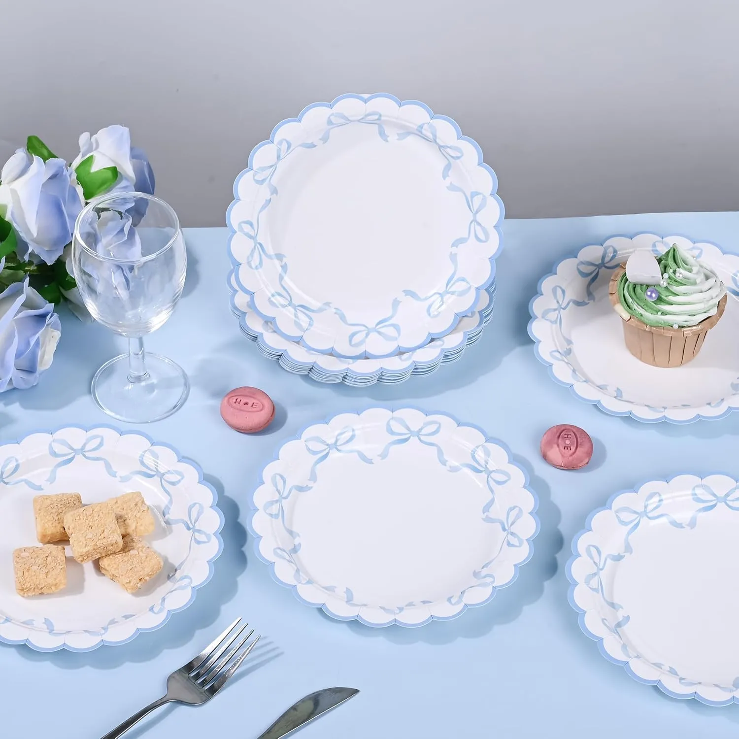 48Pcs Blue Bow Paper Plates Coquette Disposable Party Plates Scalloped Bowknot 7" Dessert Plate for Birthday Bridal Baby Shower Tableware Supply Table Decor