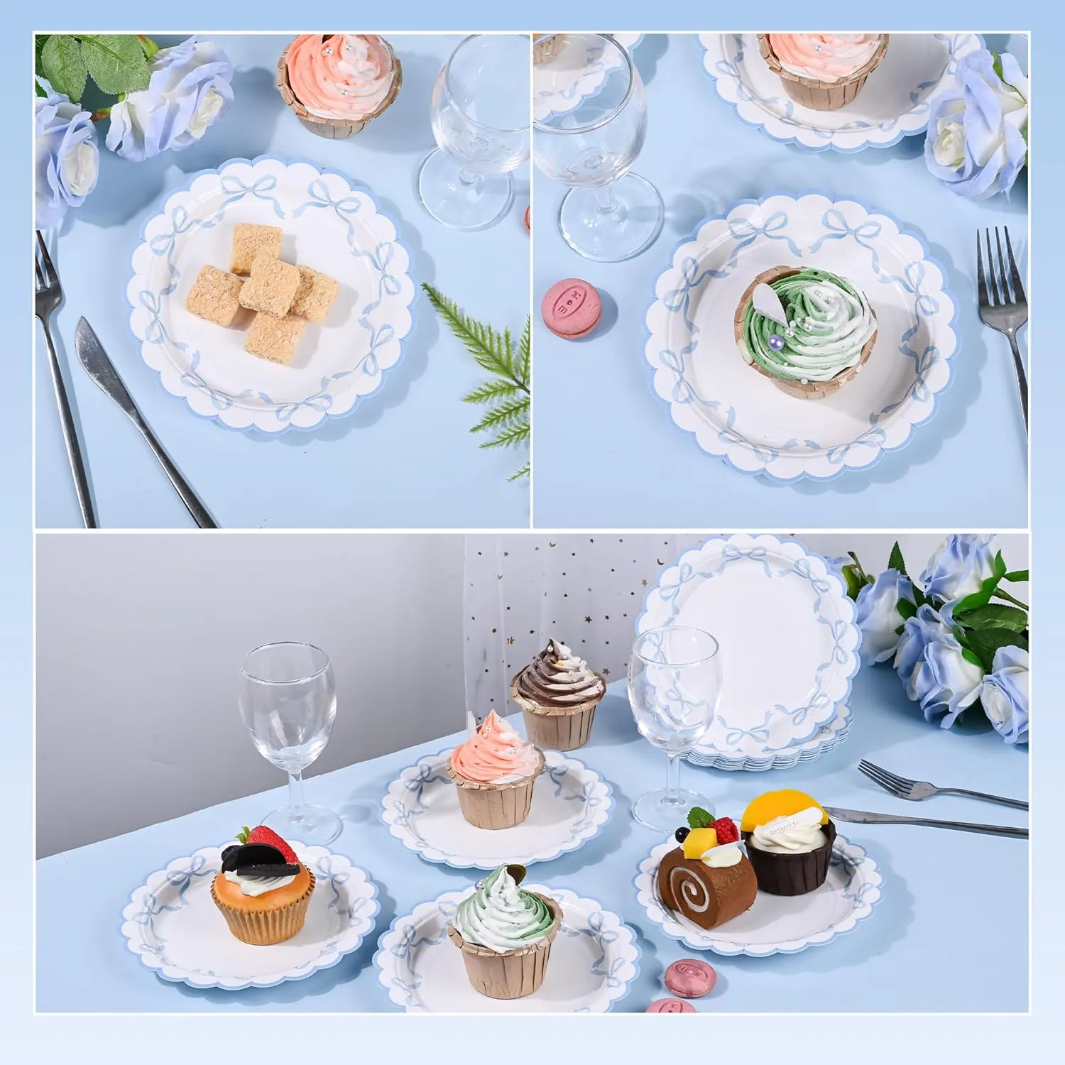 48Pcs Blue Bow Paper Plates Coquette Disposable Party Plates Scalloped Bowknot 7" Dessert Plate for Birthday Bridal Baby Shower Tableware Supply Table Decor