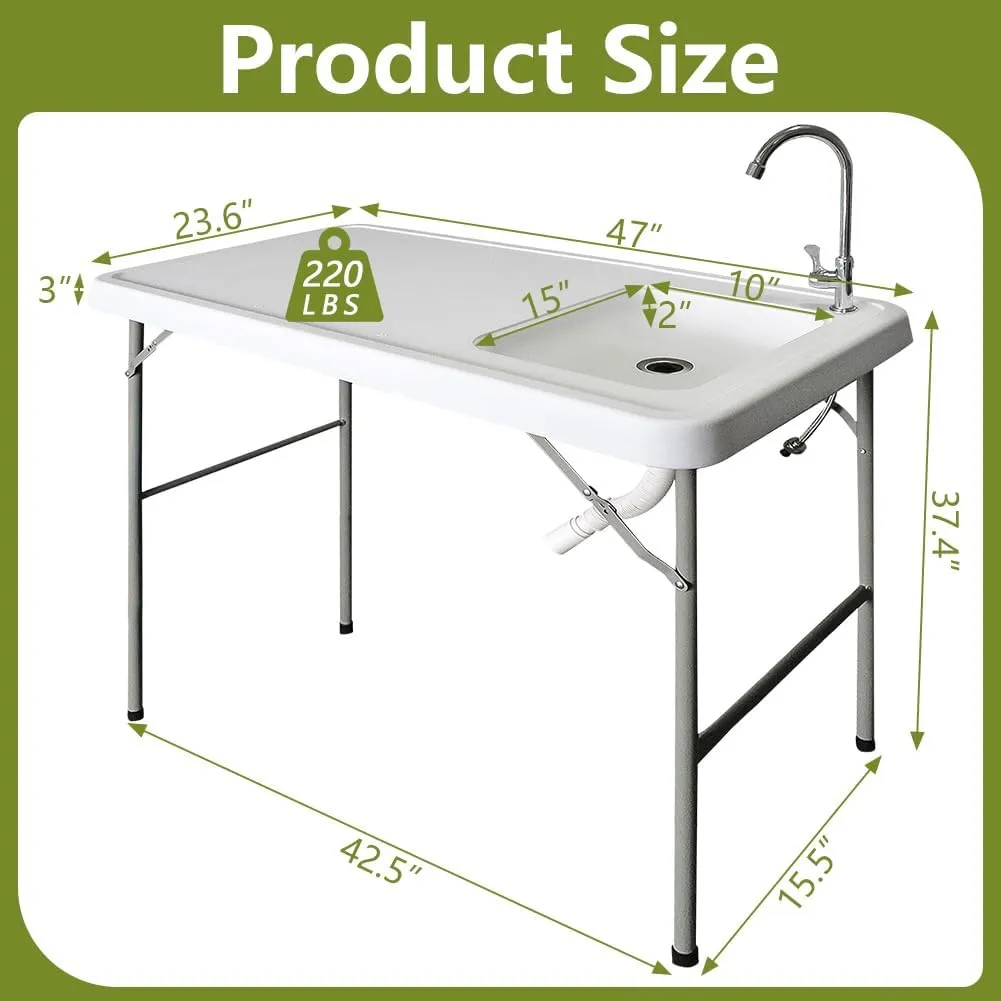 4ft Foldable Fishing Table with Sink & Faucet | Portable Camping, Picnic, Outdoor Kitchen Table | Fish Cleaning Station for Campers, Gardeners | Heavy-Duty Folding Design, Style A