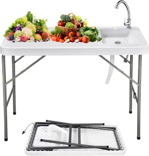 4ft Foldable Fishing Table with Sink & Faucet | Portable Camping, Picnic, Outdoor Kitchen Table | Fish Cleaning Station for Campers, Gardeners | Heavy-Duty Folding Design, Style A