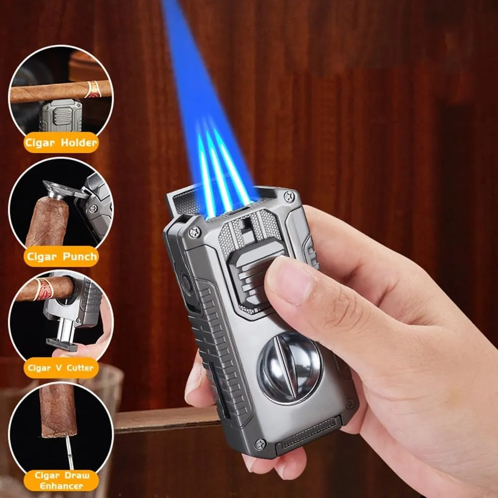 5 in 1 Cigar Lighter with Cigar Cutter V Cut, Cigar Punch, Cigar Draw Enhancer, Cigar Holder, Refillable Butane Torch Lighter Gift for Men, Windproof Triple Jet Flame Lighter for Smoking (Matt Black)