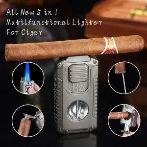 5 in 1 Cigar Lighter with Cigar Cutter V Cut, Cigar Punch, Cigar Draw Enhancer, Cigar Holder, Refillable Butane Torch Lighter Gift for Men, Windproof Triple Jet Flame Lighter for Smoking (Matt Black)