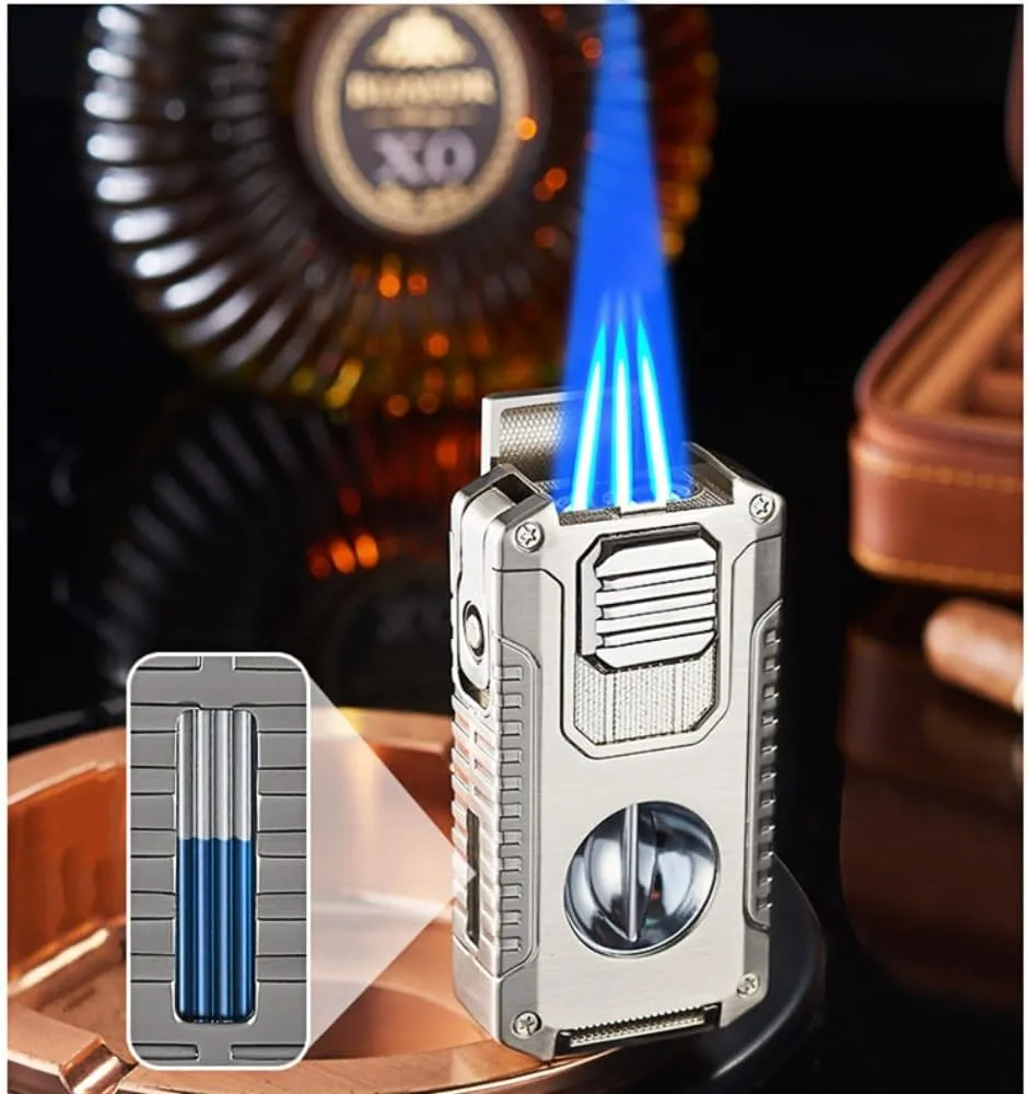 5 in 1 Cigar Lighter with Cigar Cutter V Cut, Cigar Punch, Cigar Draw Enhancer, Cigar Holder, Refillable Butane Torch Lighter Gift for Men, Windproof Triple Jet Flame Lighter for Smoking (Matt Black)