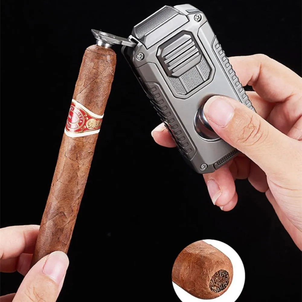 5 in 1 Cigar Lighter with Cigar Cutter V Cut, Cigar Punch, Cigar Draw Enhancer, Cigar Holder, Refillable Butane Torch Lighter Gift for Men, Windproof Triple Jet Flame Lighter for Smoking (Matt Black)