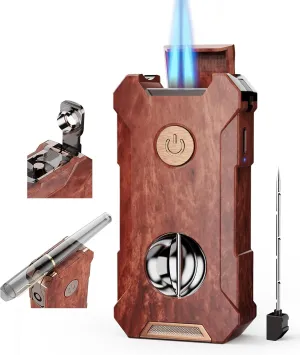 5-in-1 Torch Lighter with Cutter, Holder, Punch, Draw Enhancer Tool, Double Jet Flame, Windproof Rechargeable Lighters, Versatile Gifts for Men, Refillable Butane Lighter for Candles, Travel