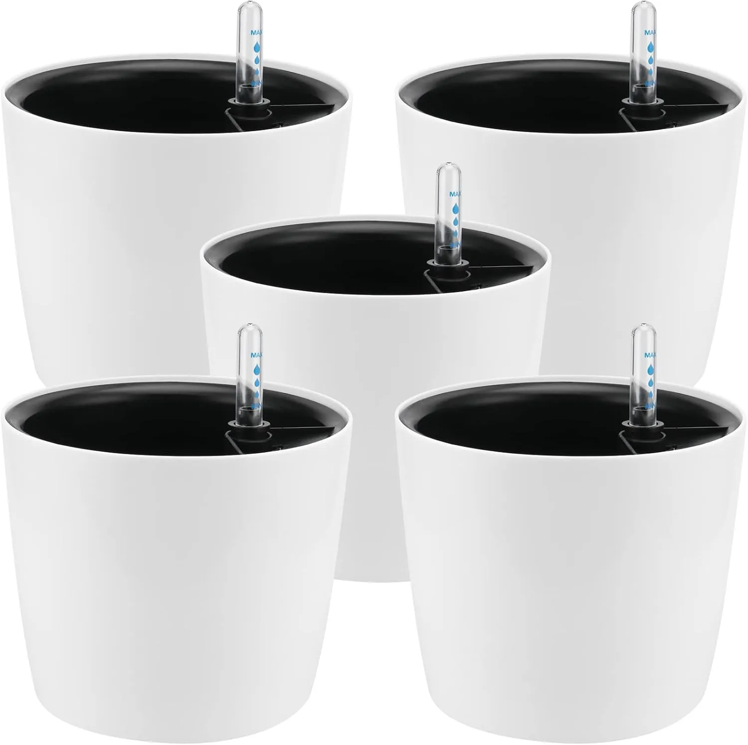 5 Pack 7 Inch Self Watering Planter for Indoor Plants, White Decorative Round Plastic Self Watering Pots with Level Indicators for Soil Planting, Flowers, Herb, African Violet, Succulent