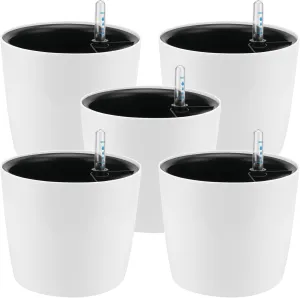 5 Pack 7 Inch Self Watering Planter for Indoor Plants, White Decorative Round Plastic Self Watering Pots with Level Indicators for Soil Planting, Flowers, Herb, African Violet, Succulent