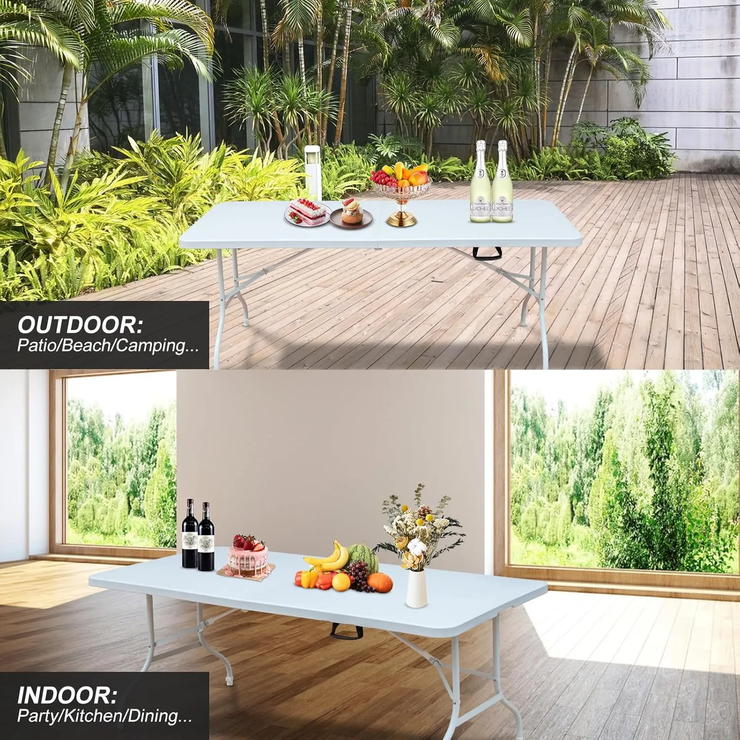 6 Foot Portable Folding Table Large Lightweight Indoor Outdoor Picnic Beach Camping Dining Fold Out Table, Iron Utility Table Folding Desk with Carry Handle, Blue