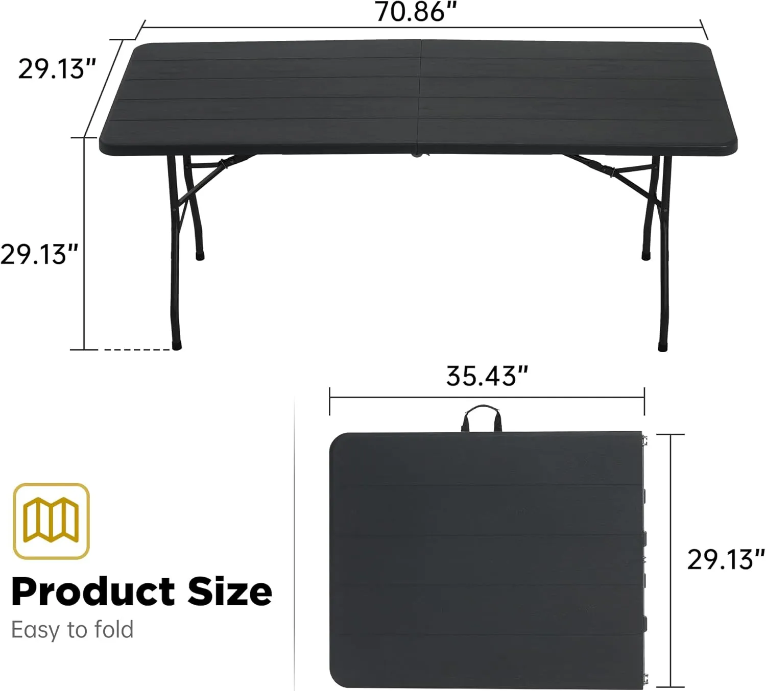 6 Ft Folding Table with Heavy Duty Portable, Plastic Foldable Table Built in Handle and Steel Legs,Easy to Assemble with Lock Function, Utility Party Dining, Wedding, Events, Picnic, Black