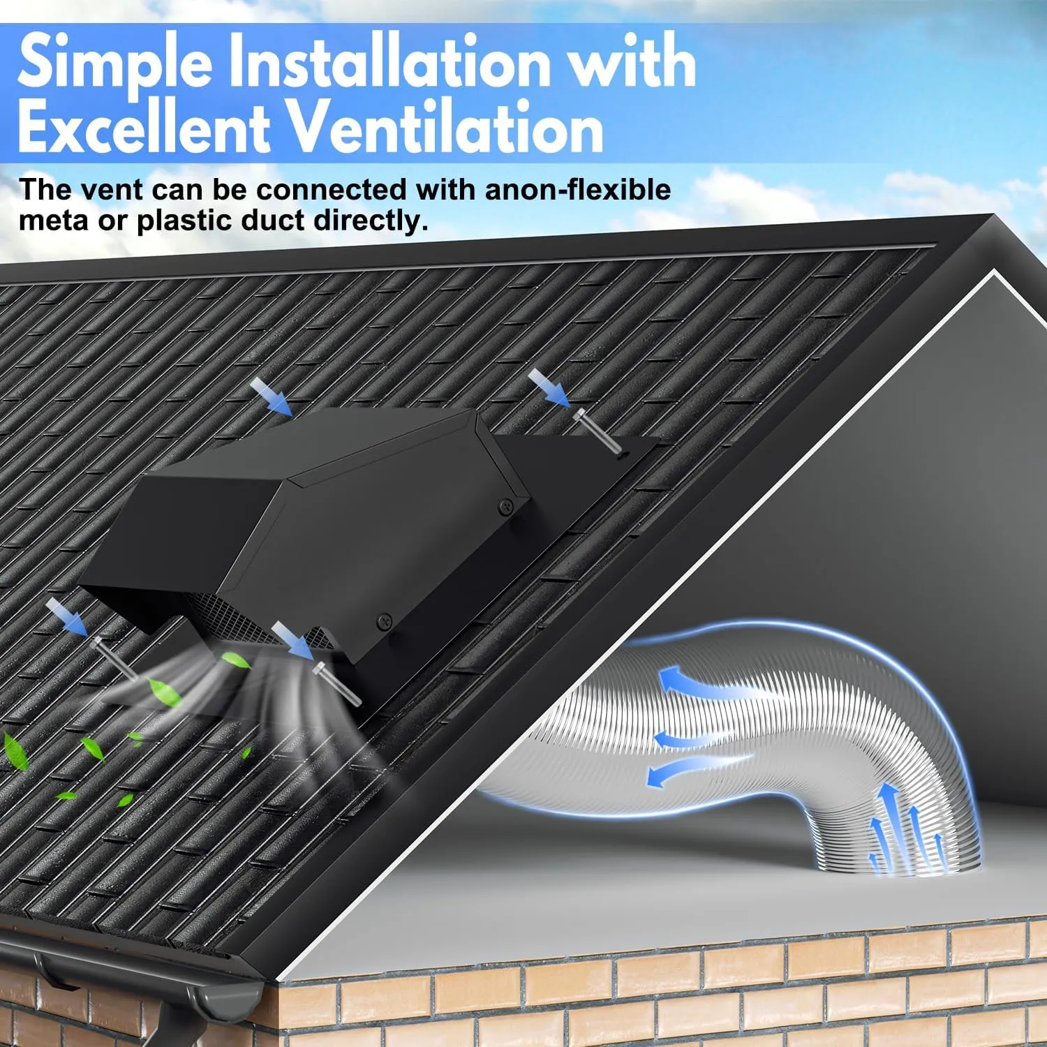 6 Inch Roof Vent Cap, Removable Roof Exhaust Vent with Damper for Ventilation System, Durable Stainless Steel Vent Cover for Houses Kitchen Bathroom, Rainproof and Snowproof, Black