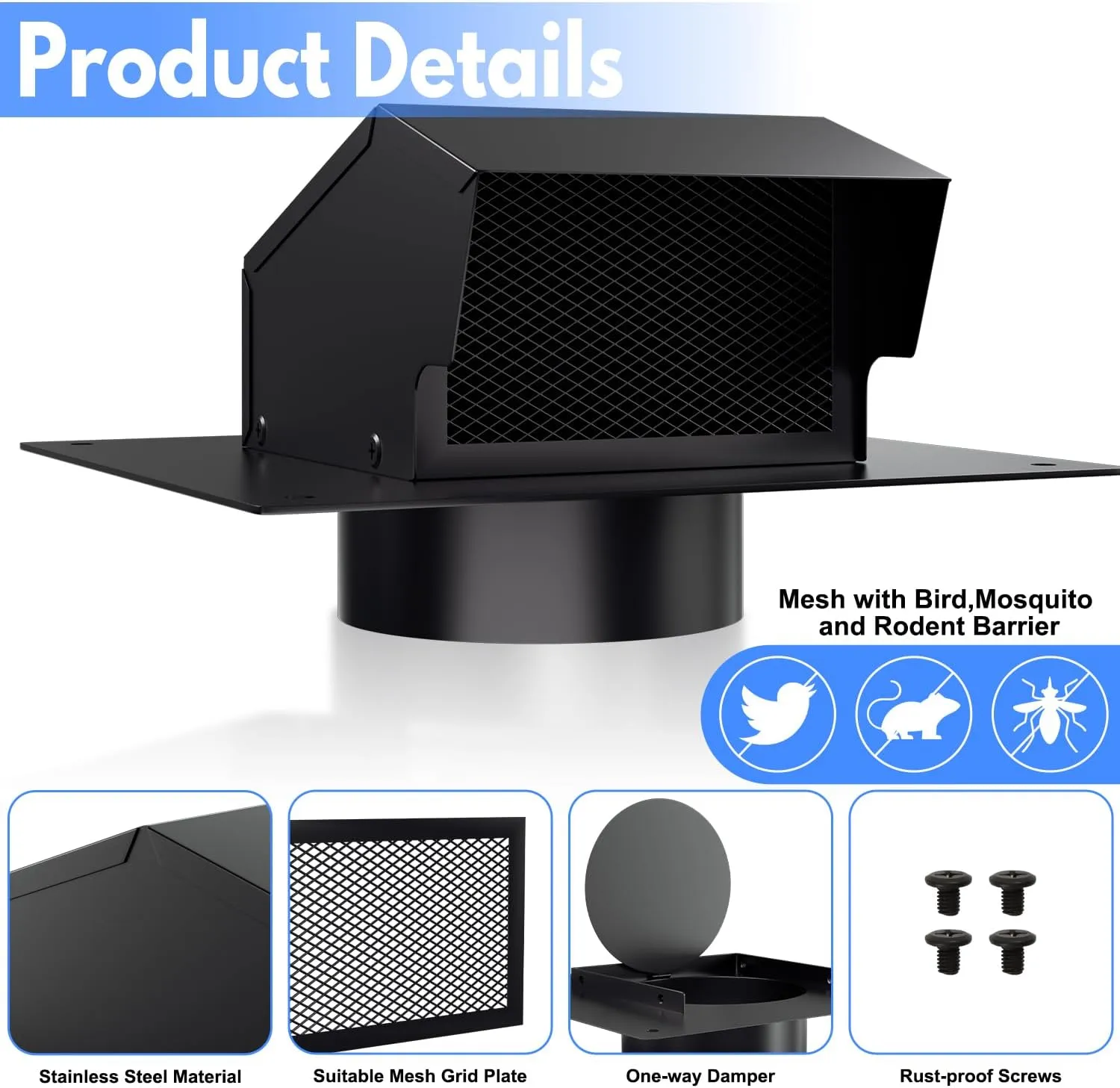 6 Inch Roof Vent Cap, Removable Roof Exhaust Vent with Damper for Ventilation System, Durable Stainless Steel Vent Cover for Houses Kitchen Bathroom, Rainproof and Snowproof, Black