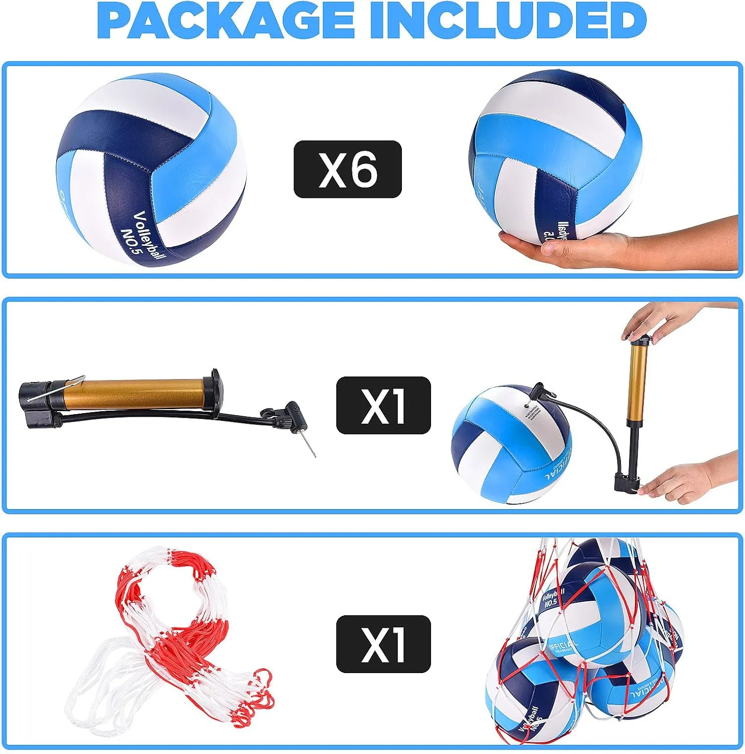 6 Pack Volleyballs Official Size 5, Waterproof Soft Bulk Recreational Volley Balls with Pump and Net Bag for Indoor Outdoor Beach Pool Water Sand Game Training Match for Beginner Teenager