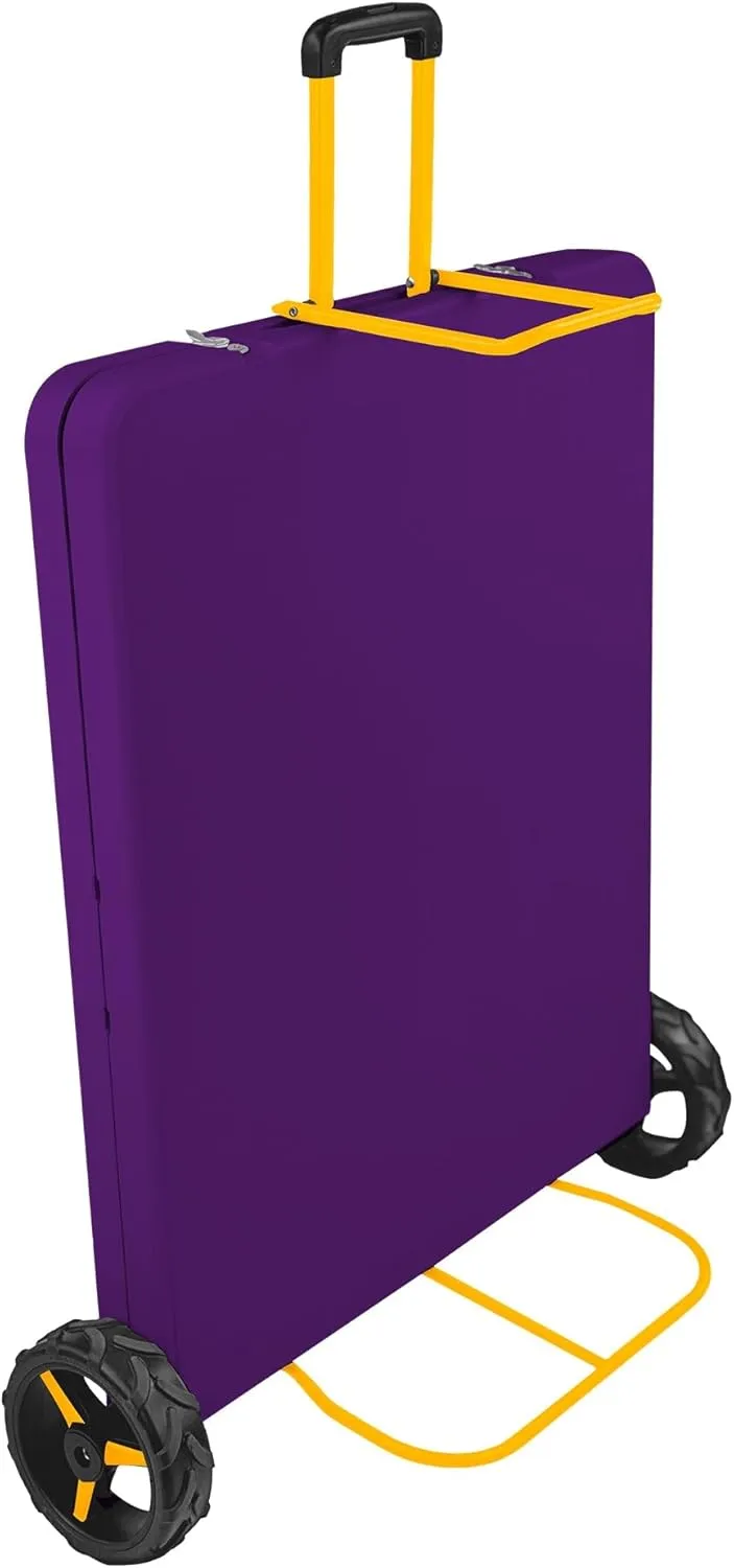 6Ft Rolling Folding Table with Built-in Wheels, Durable Plastic, Team Colors, Easy to Carry, Perfect for Camping, Picnic, Tailgating, Party, Indoor/Outdoor Use (Single Table, Purple/Yellow)
