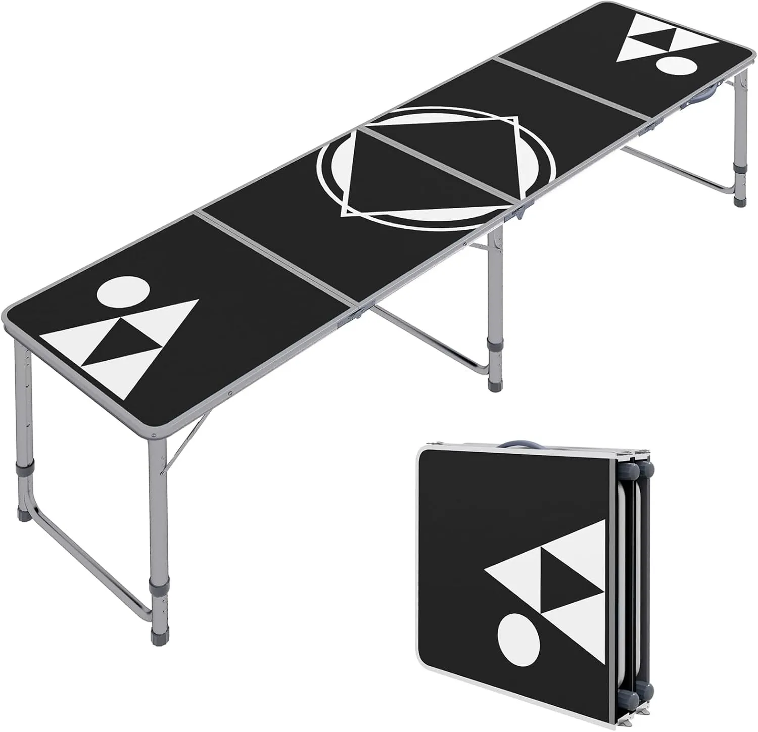 8ft Portable Beer Pong Table, Folding Tailgate Table with Adjustable Legs, Lightweight Foldable Aluminum Picnic Tables, for Camping, Party, Travel, BBQ, Beach Black