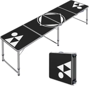 8ft Portable Beer Pong Table, Folding Tailgate Table with Adjustable Legs, Lightweight Foldable Aluminum Picnic Tables, for Camping, Party, Travel, BBQ, Beach Black