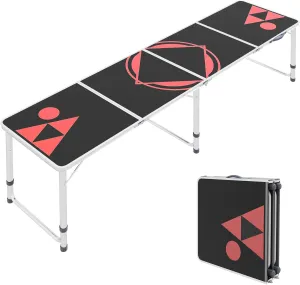 8ft Portable Beer Pong Table with Adjustable Legs, Folding Camping Table, Aluminum Picnic Table, for Party, Travel, BBQ, Beach, Black and Red