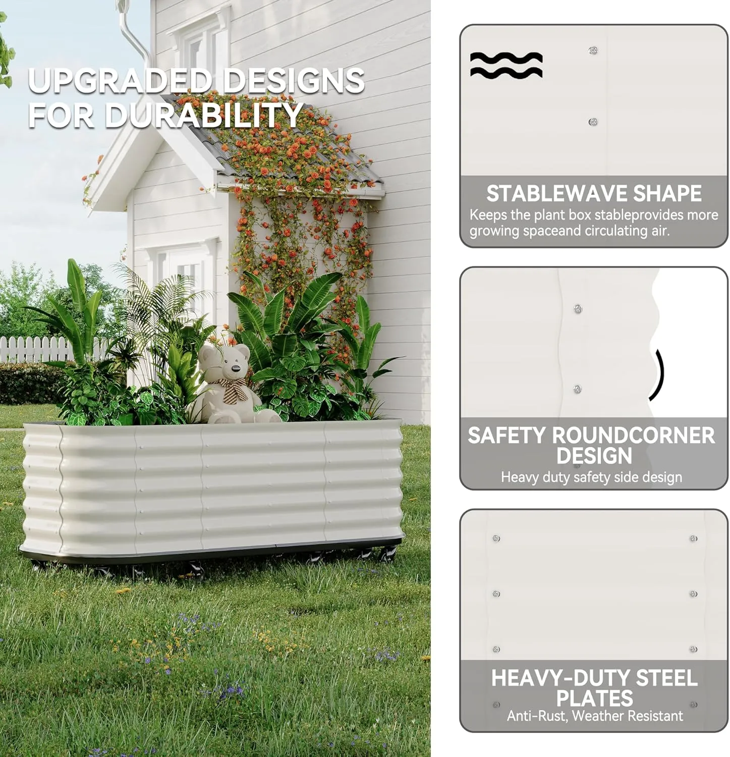 94.5"x23.6"x19.7" Galvanized Metal Raised Garden Bed with Wheels & Water Reservoir – Thin-Gauge Elevated Planter for Indoor/Outdoor Use, Durable and Portable Planting Solution,White