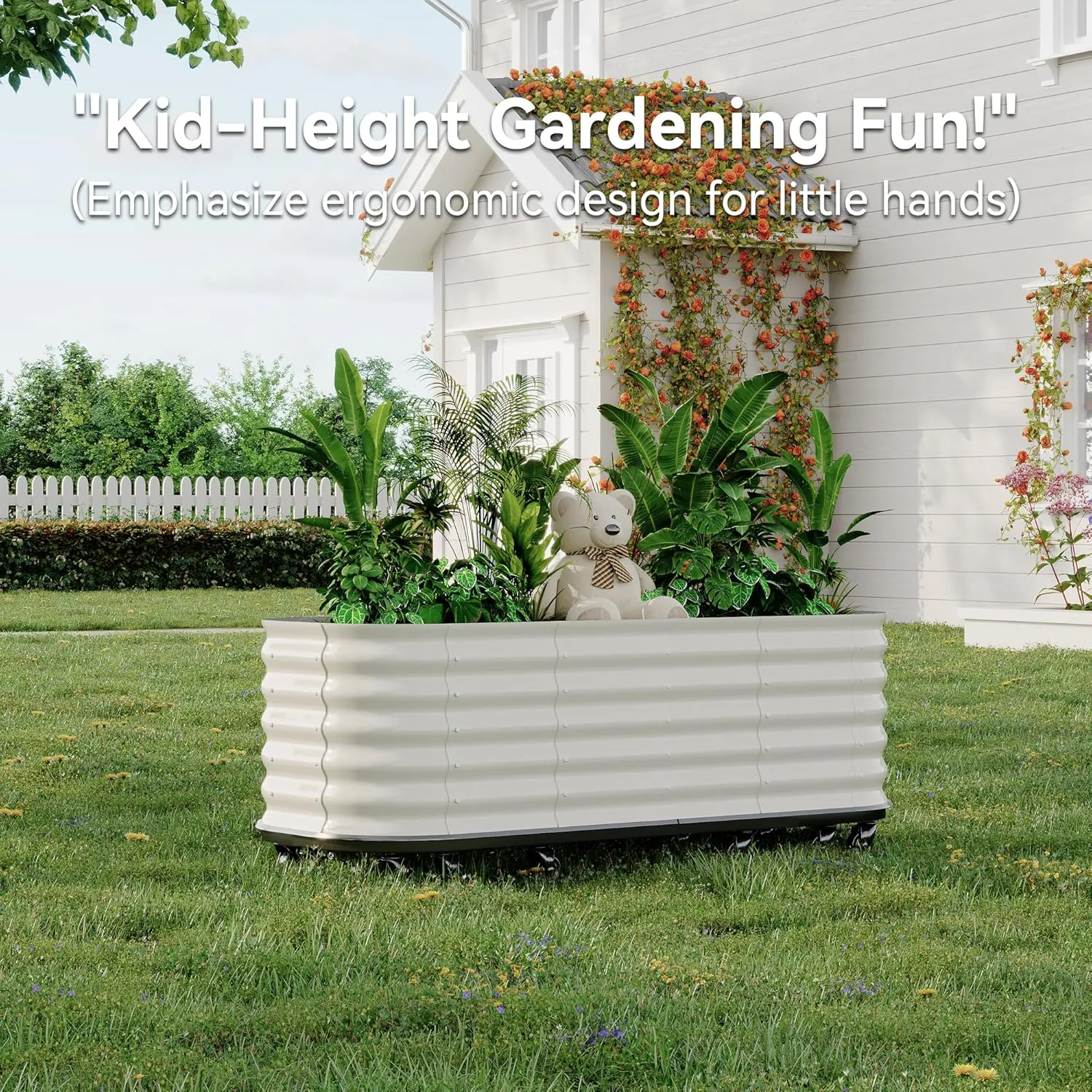 94.5"x23.6"x19.7" Galvanized Metal Raised Garden Bed with Wheels & Water Reservoir – Thin-Gauge Elevated Planter for Indoor/Outdoor Use, Durable and Portable Planting Solution,White