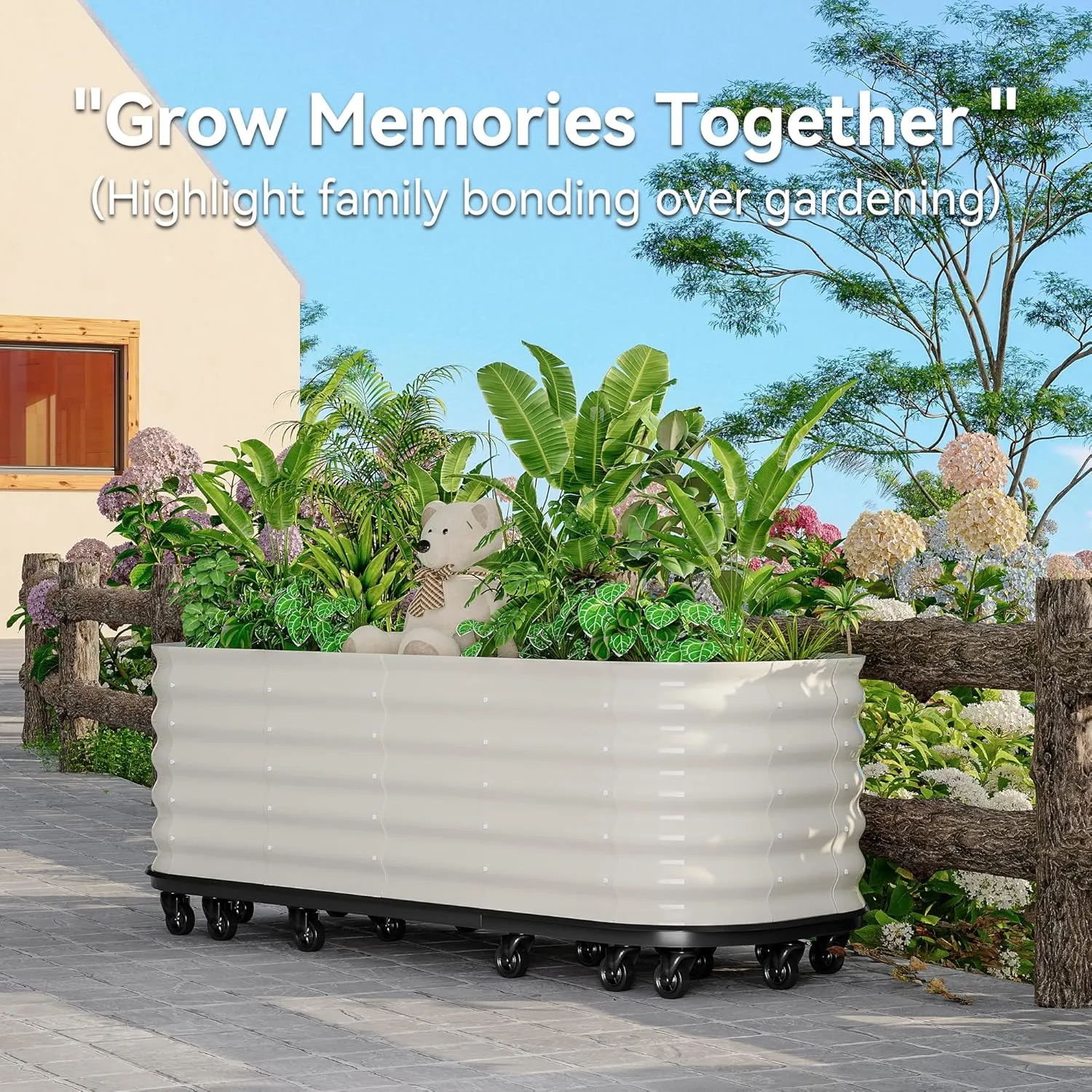 94.5"x23.6"x19.7" Galvanized Metal Raised Garden Bed with Wheels & Water Reservoir – Thin-Gauge Elevated Planter for Indoor/Outdoor Use, Durable and Portable Planting Solution,White