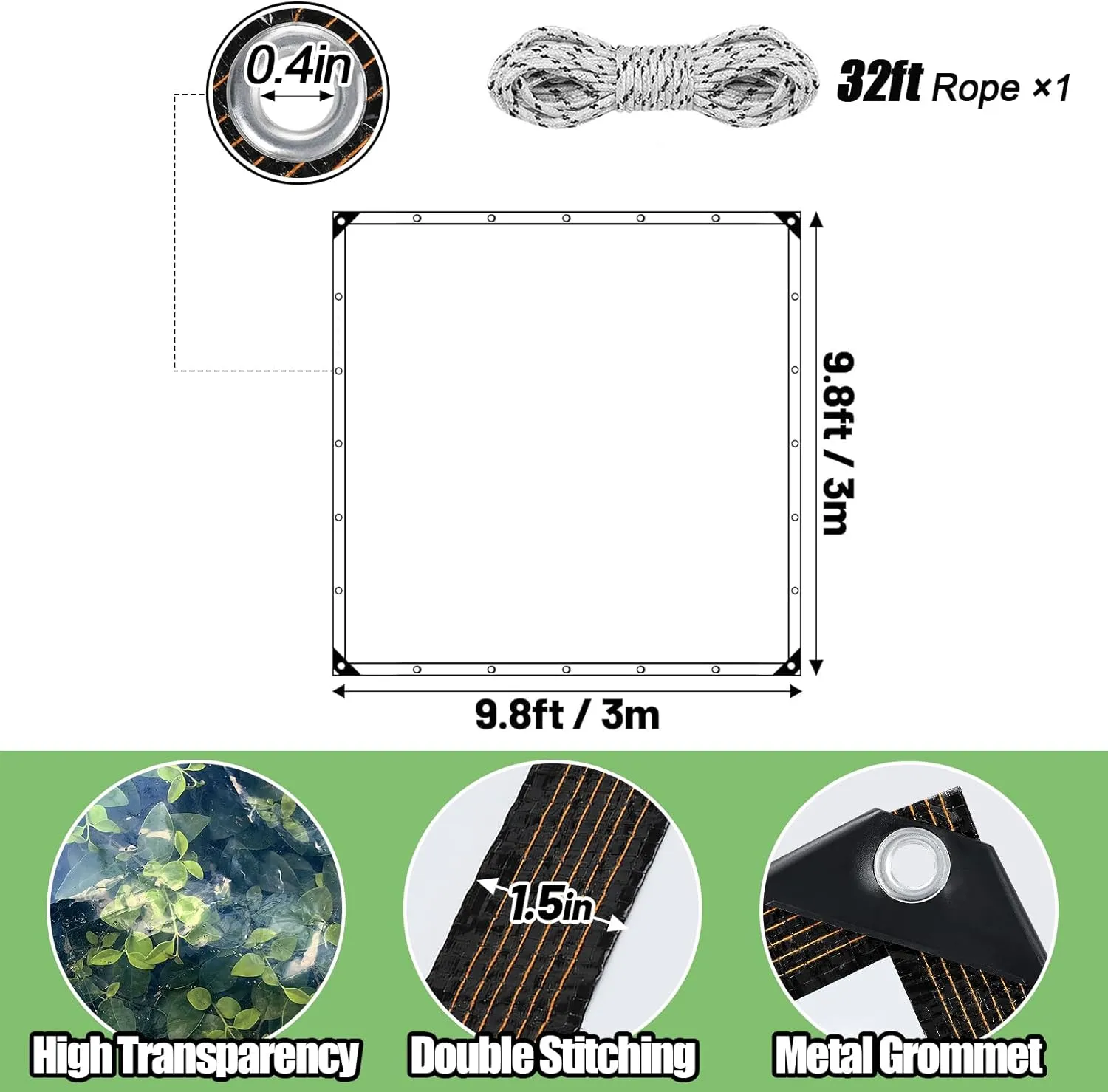 9.8 x 9.8 ft Thicken Clear Tarp Waterproof - 5 mil Anti-Tear Windproof Garden Transparent Poly Tarpaulin, Snowproof Plant Cover, Insulation Shed Cloth with Ropes for Porch Patio Camping Supplies