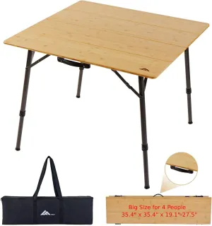 Ablazer Camping Table Bamboo Folding Table with Handle, Adjustable Height Portable Table for Camping, Picnic, Outdoor and Indoor, 4-Fold Natural Bamboo Top (1-4 People)