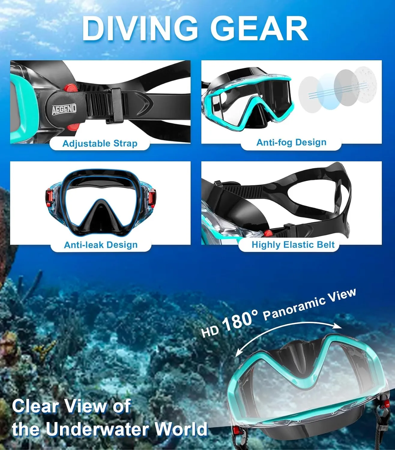 Aegend Snorkeling Gear for Adults, Dry Snorkel Set Panoramic View Enhanced Anti-Leak and Anti-Fog Technology, Adjustable Strap for Snorkeling Scuba Diving Swimming with Mesh Bag