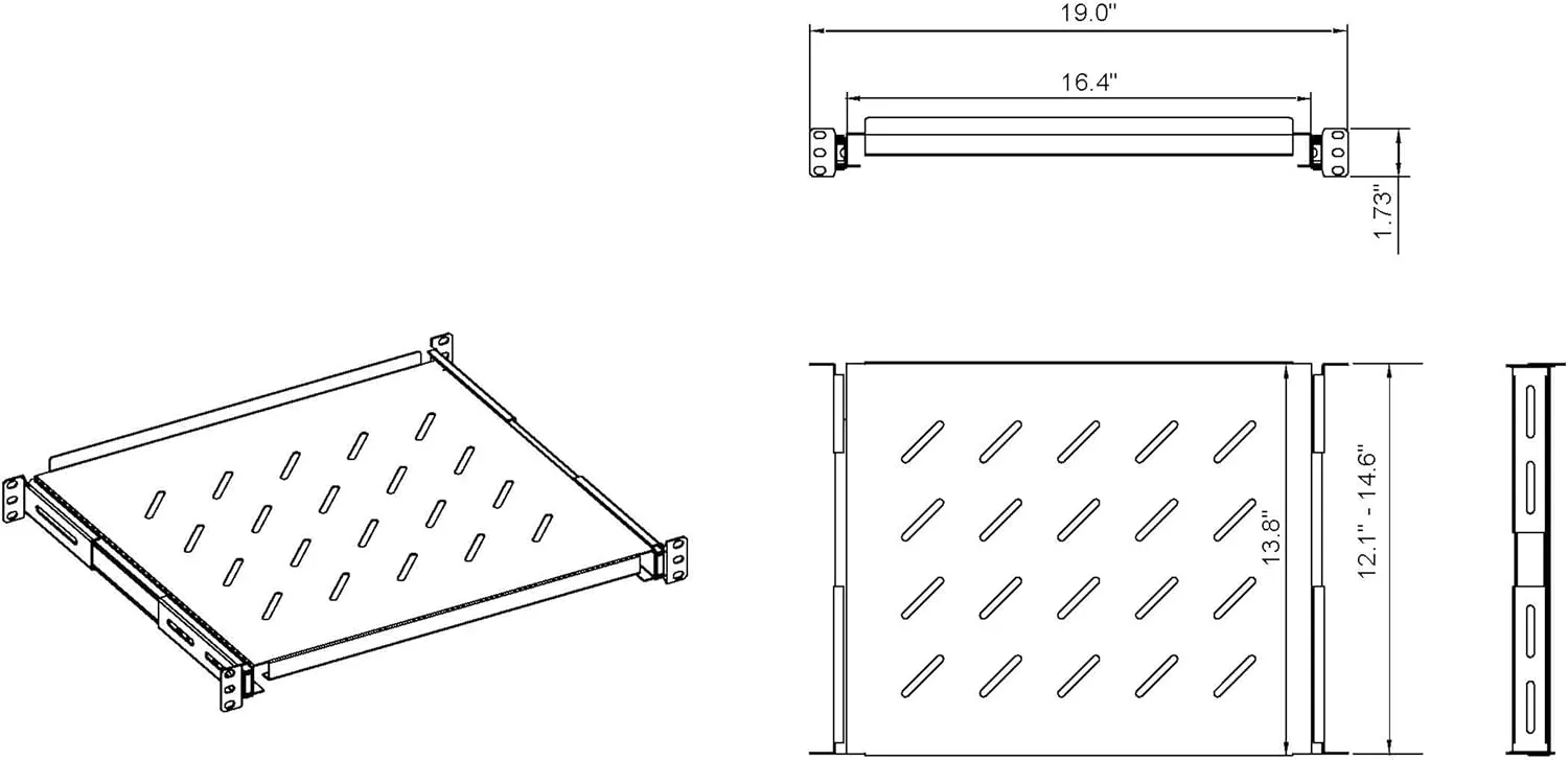 Aeons 1U 19-inch Sliding Rack Server Shelf Vented 4 Post Rack Mount 14" Shelf Adjustable Mounting Depth 12.1 – 14.6 inches, for IT Data Network Cabinet Enclosure Equipment