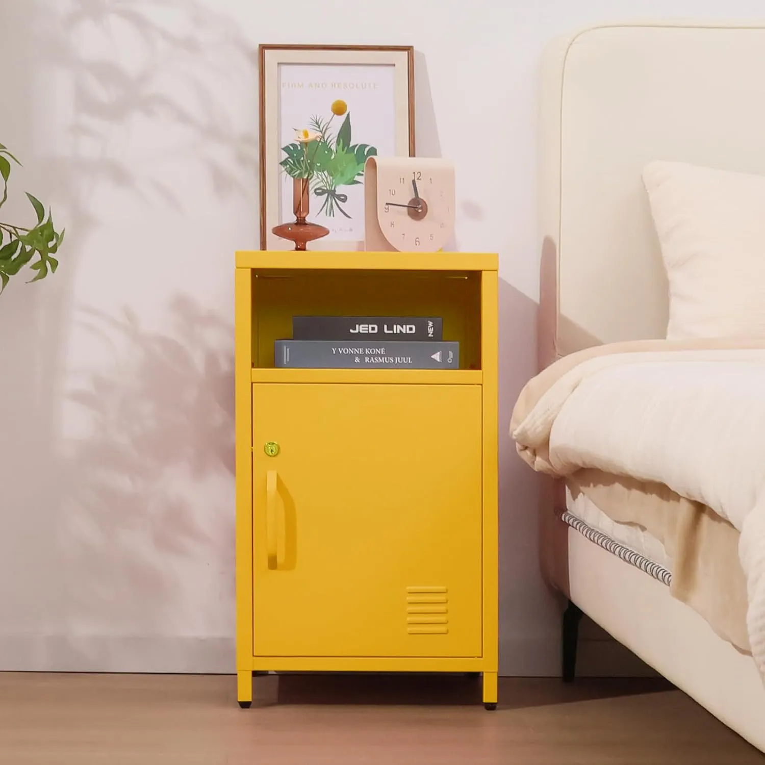 ALBAD Compact Metal Nightstand with Lockable Cabinet and Open Shelf, Modern Bedside Table, Versatile Side Table for Bedroom, Living Room, or Office (Yellow, 26" H-Lockable Door)