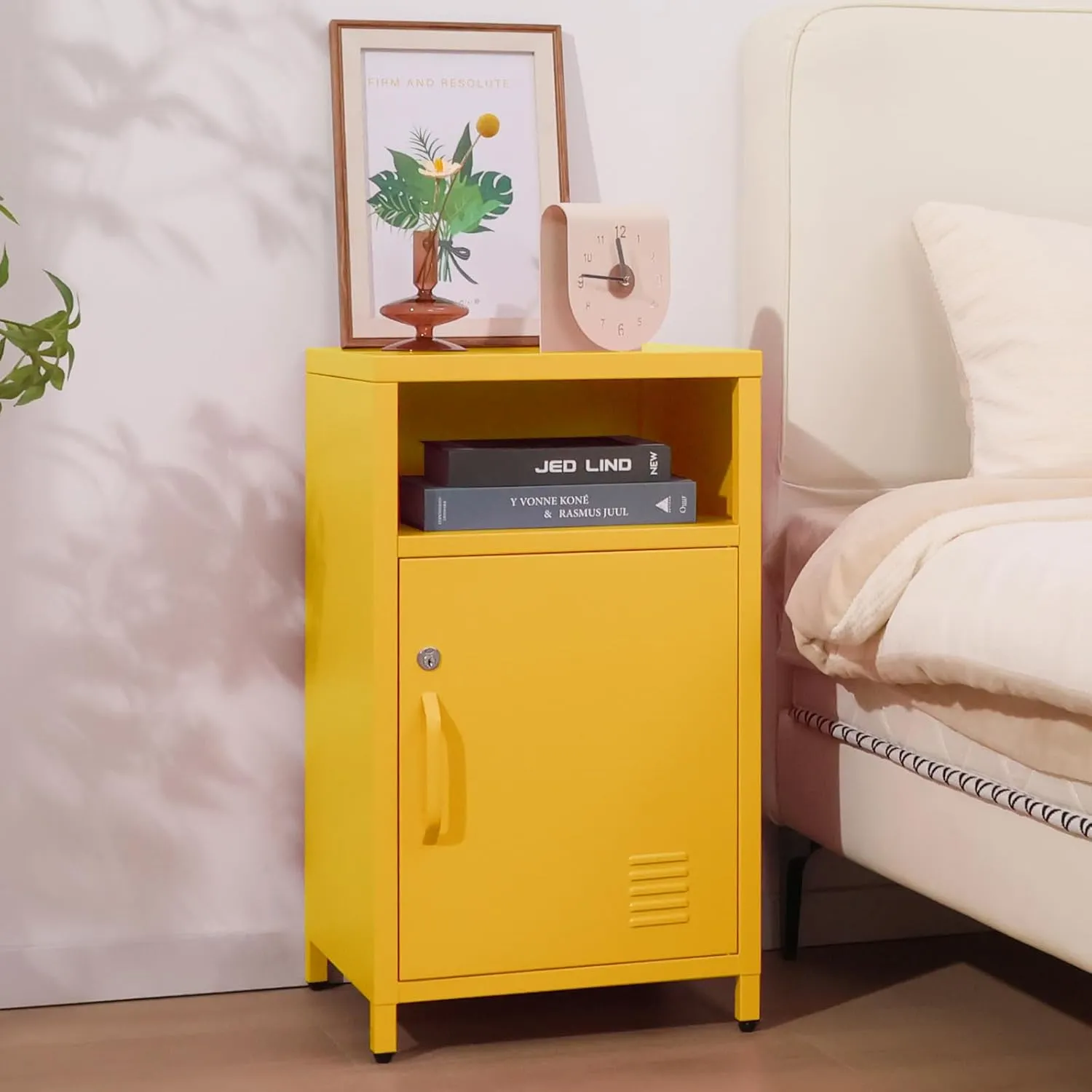ALBAD Compact Metal Nightstand with Lockable Cabinet and Open Shelf, Modern Bedside Table, Versatile Side Table for Bedroom, Living Room, or Office (Yellow, 26" H-Lockable Door)