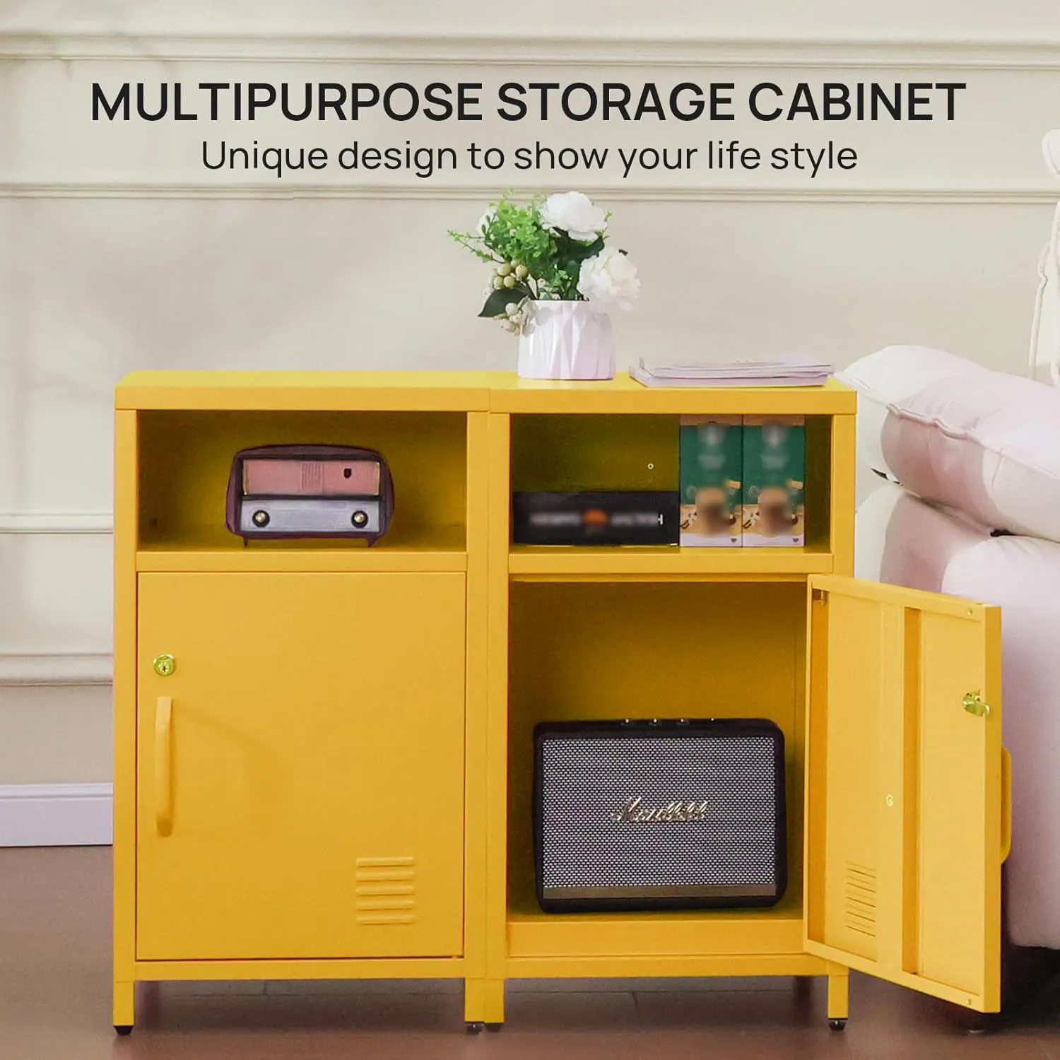 ALBAD Compact Metal Nightstand with Lockable Cabinet and Open Shelf, Modern Bedside Table, Versatile Side Table for Bedroom, Living Room, or Office (Yellow, 26" H-Lockable Door)